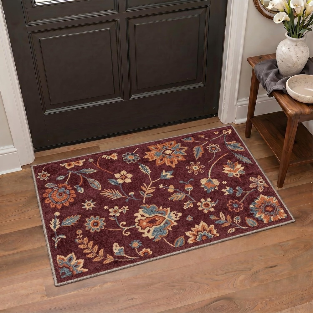 image:imageGENIMO 5X7 Area Rugs for Living Room Machine Washable Modern Botanical Non Slip Low Pile Soft Rugs Vintage Floral Carpet for Bedroom Dining Room Home Office Warm BeigeDeep Burgundy