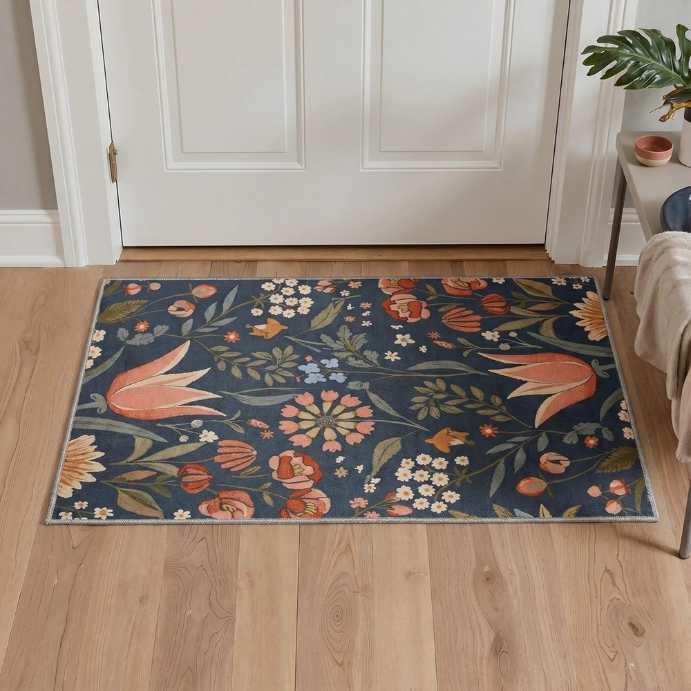 image:imageGENIMO 5X7 Area Rugs for Living Room Machine Washable Modern Botanical Non Slip Low Pile Soft Rugs Vintage Floral Carpet for Bedroom Dining Room Home Office Warm BeigeDusty Blue1