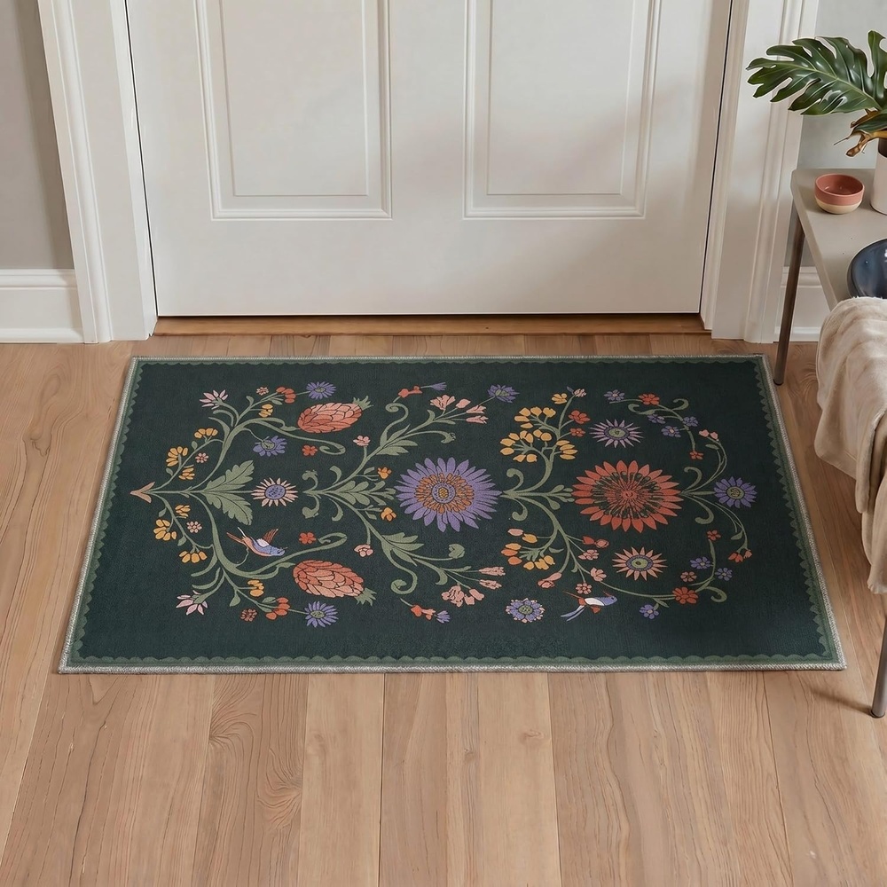 image:imageGENIMO 5X7 Area Rugs for Living Room Machine Washable Modern Botanical Non Slip Low Pile Soft Rugs Vintage Floral Carpet for Bedroom Dining Room Home Office Warm BeigeForest Green