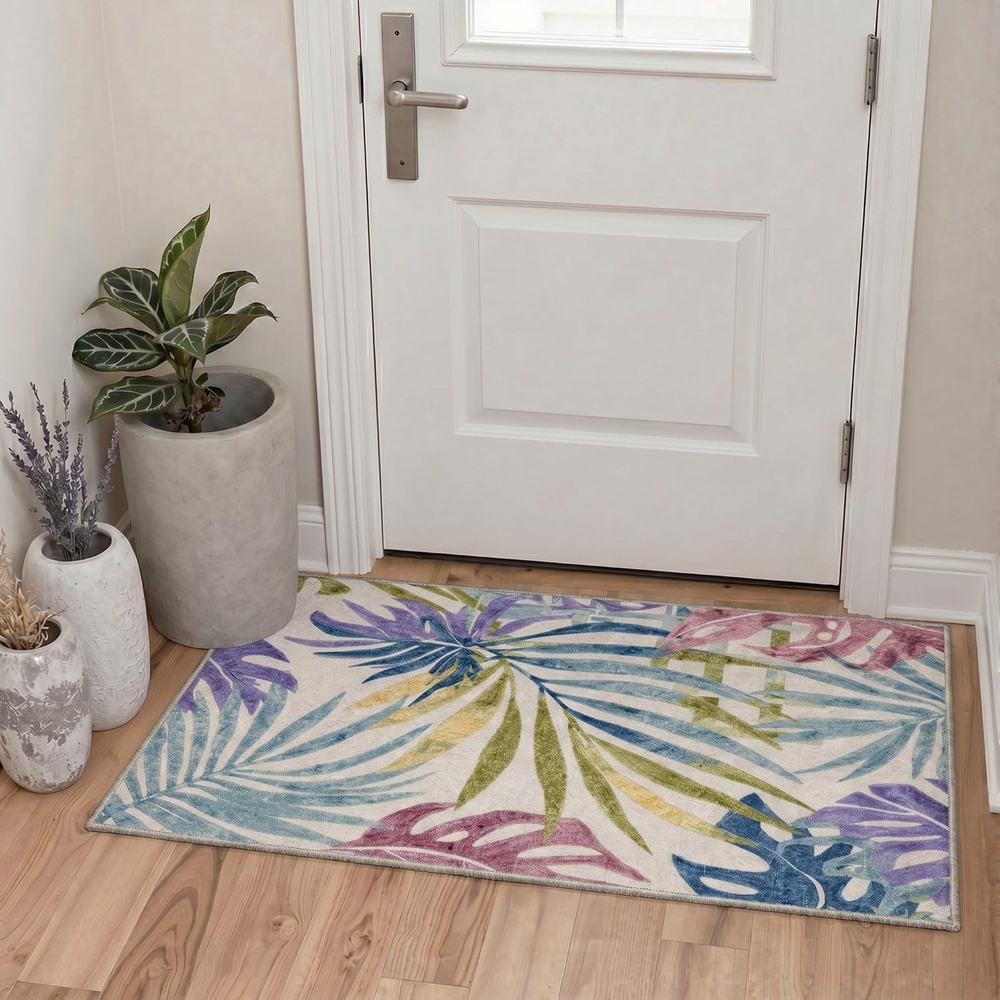 image:imageGENIMO 5X7 Area Rugs for Living Room Machine Washable Modern Botanical Non Slip Low Pile Soft Rugs Vintage Floral Carpet for Bedroom Dining Room Home Office Warm BeigeMuted Pastel