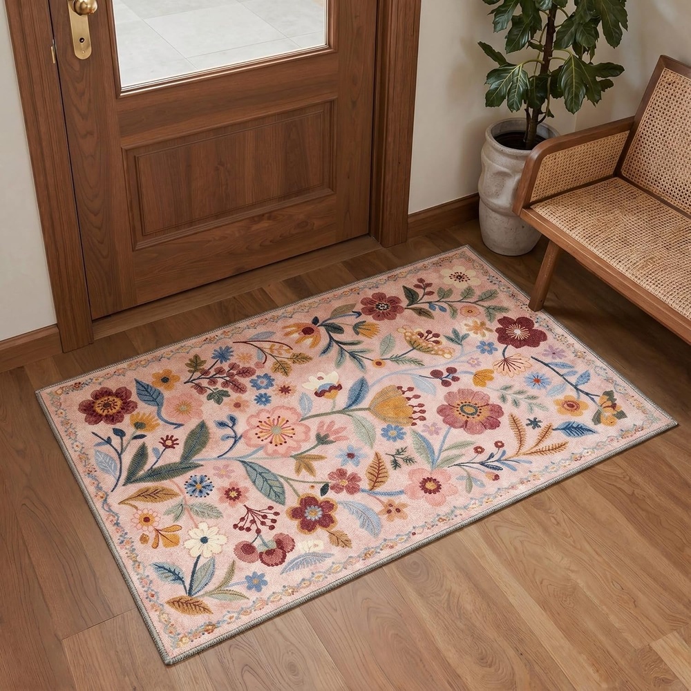 image:imageGENIMO 5X7 Area Rugs for Living Room Machine Washable Modern Botanical Non Slip Low Pile Soft Rugs Vintage Floral Carpet for Bedroom Dining Room Home Office Warm BeigeDusty Pink