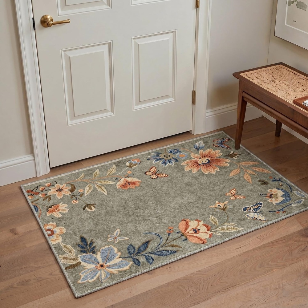 image:imageGENIMO 5X7 Area Rugs for Living Room Machine Washable Modern Botanical Non Slip Low Pile Soft Rugs Vintage Floral Carpet for Bedroom Dining Room Home Office Warm BeigeDusty Sage