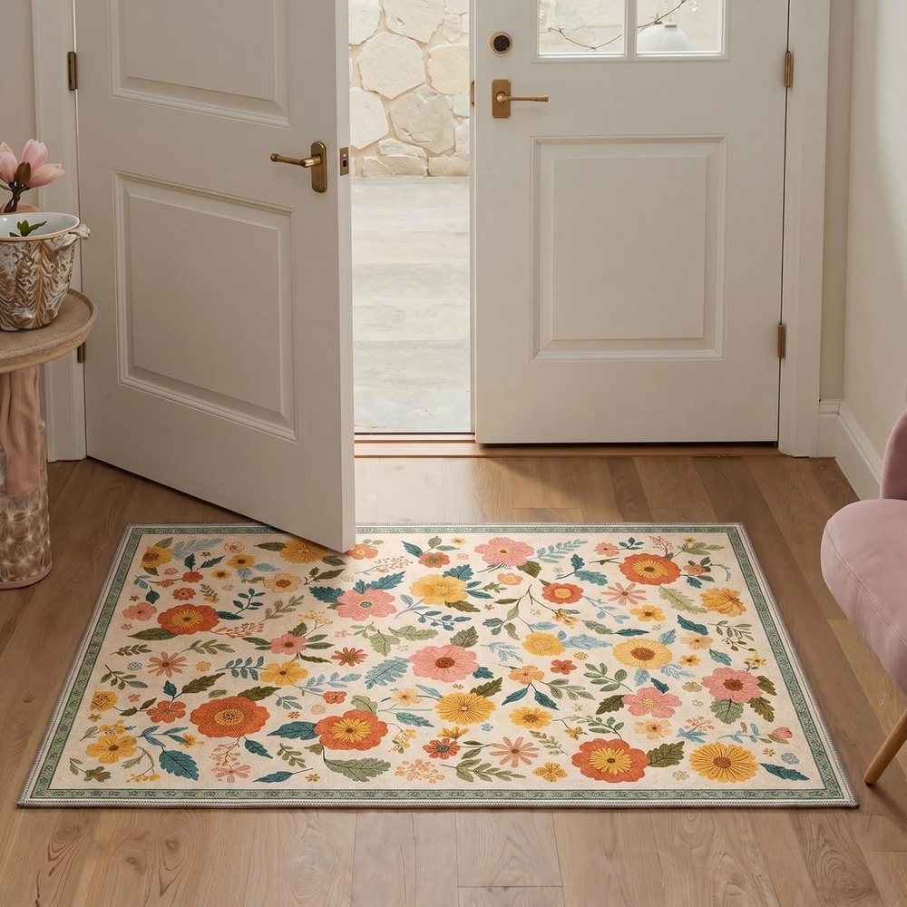 image:imageGENIMO 5X7 Area Rugs for Living Room Machine Washable Modern Botanical Non Slip Low Pile Soft Rugs Vintage Floral Carpet for Bedroom Dining Room Home Office Warm BeigeWarm Beige3