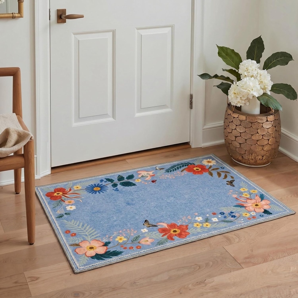 image:imageGENIMO 5X7 Area Rugs for Living Room Machine Washable Modern Botanical Non Slip Low Pile Soft Rugs Vintage Floral Carpet for Bedroom Dining Room Home Office Warm BeigeDusty Blue2