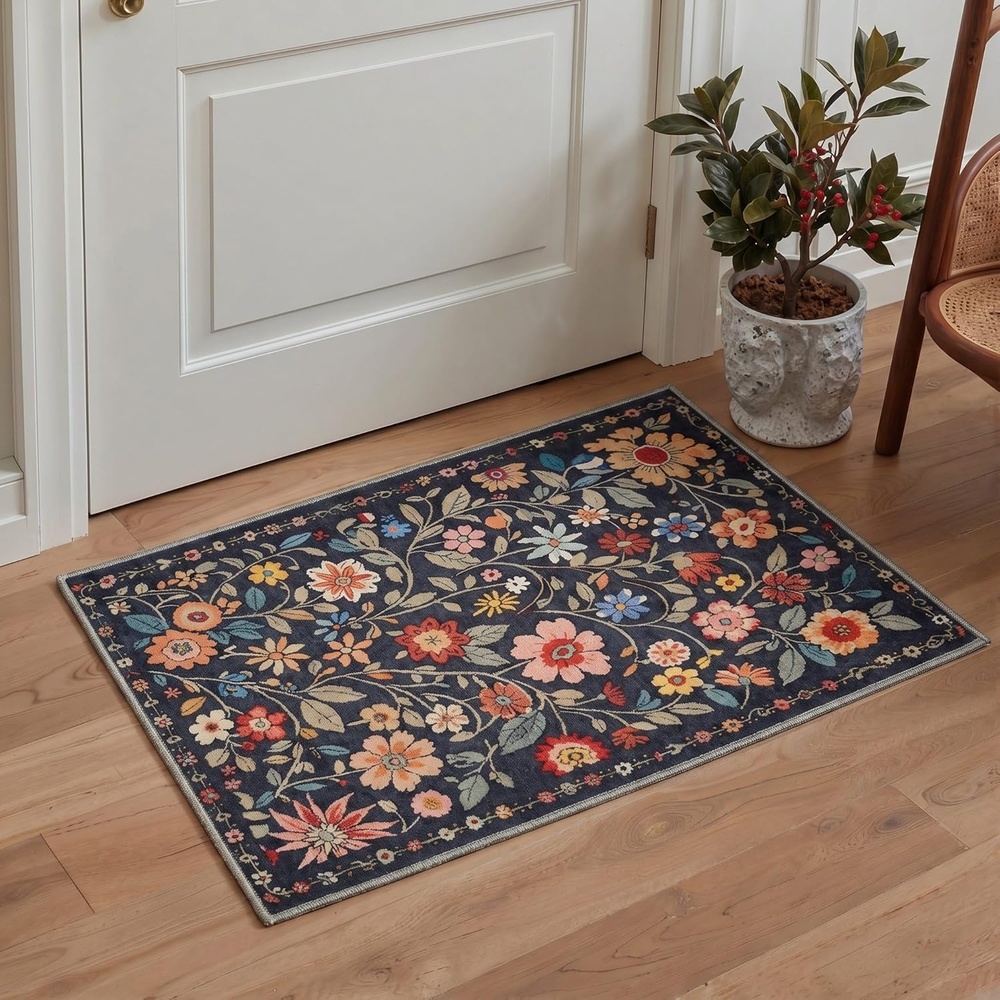 image:imageGENIMO 5X7 Area Rugs for Living Room Machine Washable Modern Botanical Non Slip Low Pile Soft Rugs Vintage Floral Carpet for Bedroom Dining Room Home Office Warm BeigeDusty Navy