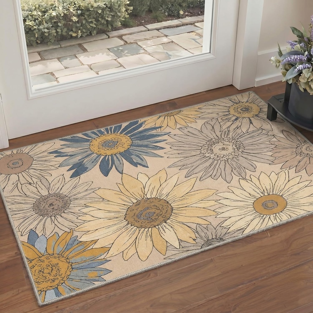 image:imageGENIMO 5X7 Area Rugs for Living Room Machine Washable Modern Botanical Non Slip Low Pile Soft Rugs Vintage Floral Carpet for Bedroom Dining Room Home Office Warm BeigeWarm Beige2