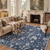 GENIMO 5X7 Area Rugs for Living Room Machine Washable, Modern Botanical Non Slip Low Pile Soft Rugs, Vintage Floral Carpet for Bedroom Dining Room, Home Office, Warm Beige(Muted Navy)