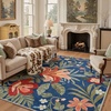 GENIMO 5X7 Area Rugs for Living Room Machine Washable, Modern Botanical Non Slip Low Pile Soft Rugs, Vintage Floral Carpet for Bedroom Dining Room, Home Office, Warm Beige(Navy Blue)
