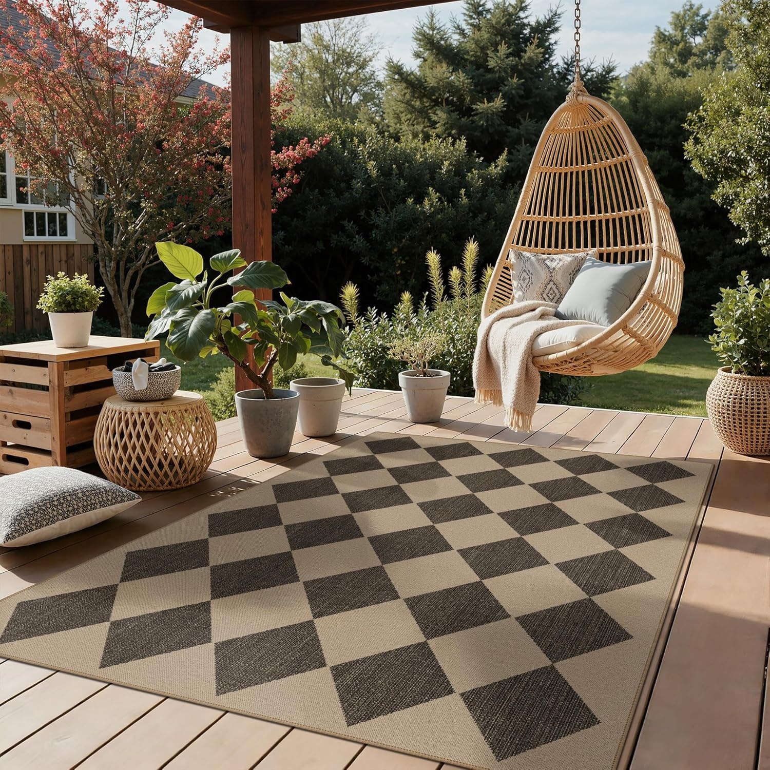 image:imageGENIMO Indoor Outdoor Area Rug 8x10 Checkered Easy Jute Rug Machine Washable EasyCleaning Non Slip Plaid Outdoor Carpet for Patio Living Room Backyard Porch Deck BalconySmooth Diamond