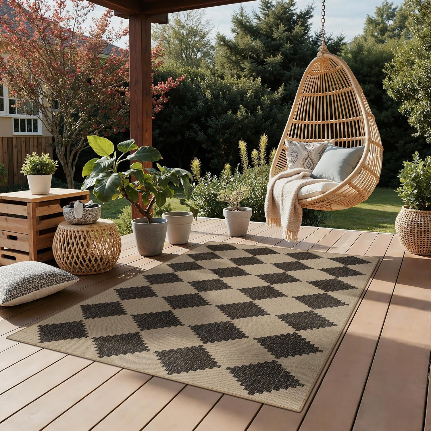 image:imageGENIMO Indoor Outdoor Area Rug 8x10 Checkered Easy Jute Rug Machine Washable EasyCleaning Non Slip Plaid Outdoor Carpet for Patio Living Room Backyard Porch Deck BalconySpaced Diamond