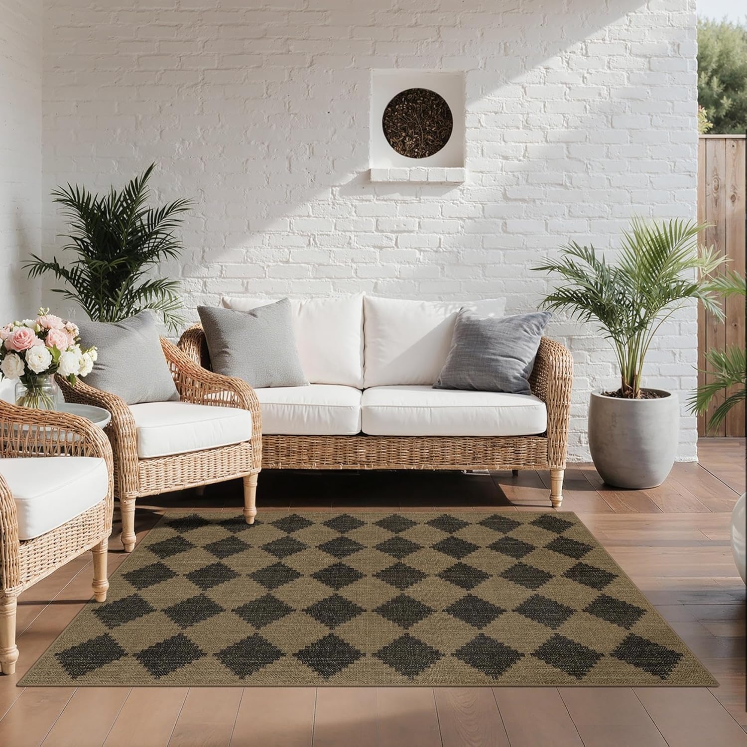 image:imageGENIMO Indoor Outdoor Area Rug 8x10 Checkered Easy Jute Rug Machine Washable EasyCleaning Non Slip Plaid Outdoor Carpet for Patio Living Room Backyard Porch Deck BalconyDiamond Brown