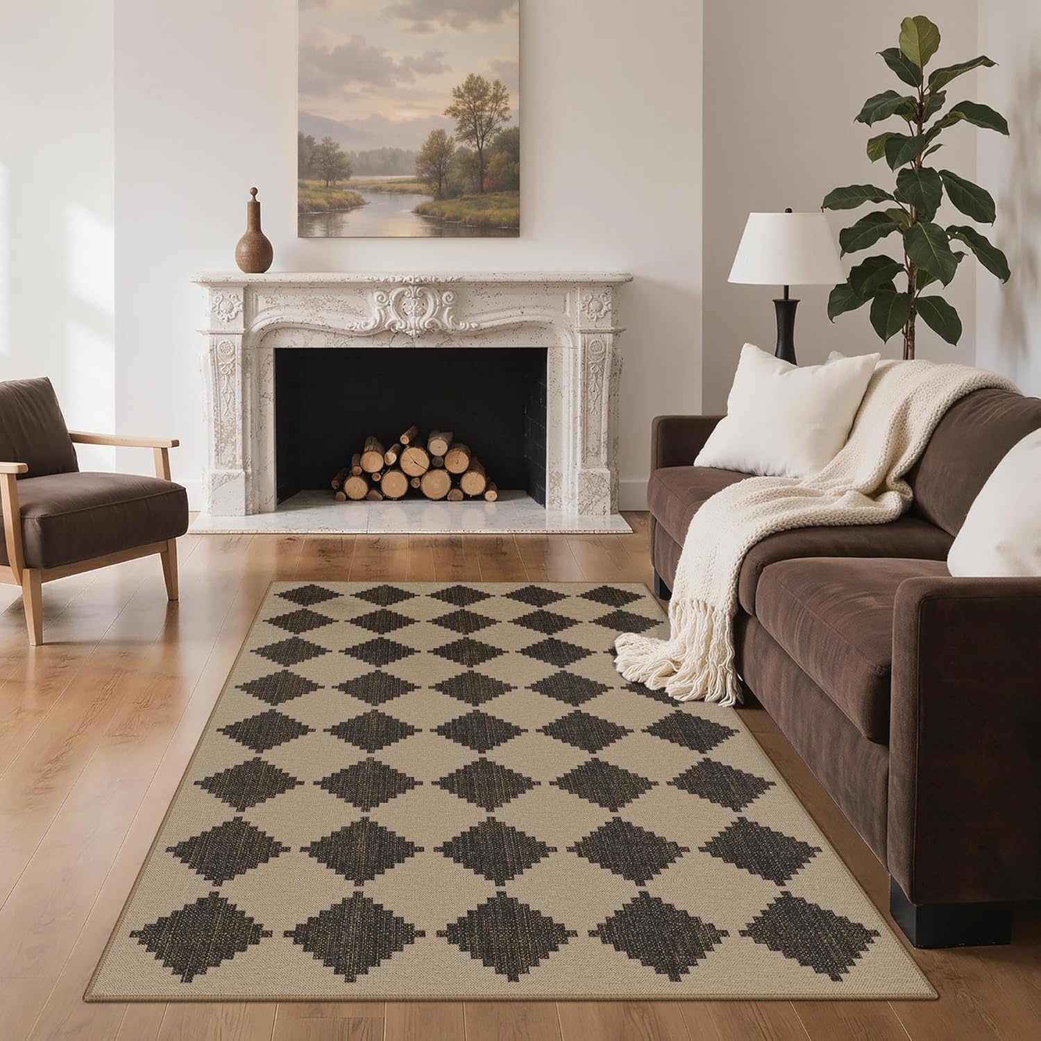 image:imageGENIMO Indoor Outdoor Area Rug 8x10 Checkered Easy Jute Rug Machine Washable EasyCleaning Non Slip Plaid Outdoor Carpet for Patio Living Room Backyard Porch Deck BalconyZigzag Diamond