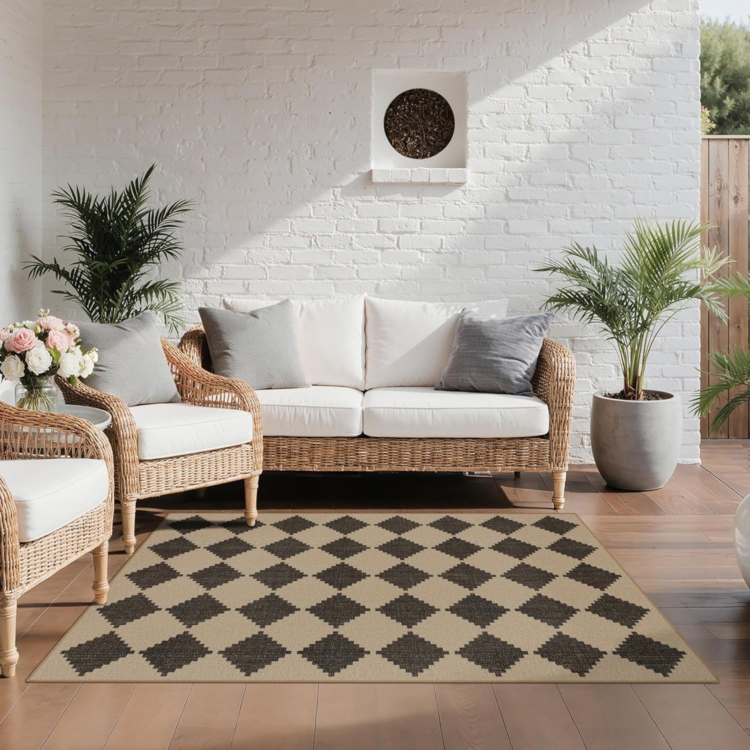 image:imageGENIMO Indoor Outdoor Area Rug 8x10 Checkered Easy Jute Rug Machine Washable EasyCleaning Non Slip Plaid Outdoor Carpet for Patio Living Room Backyard Porch Deck BalconyZigzag Diamond