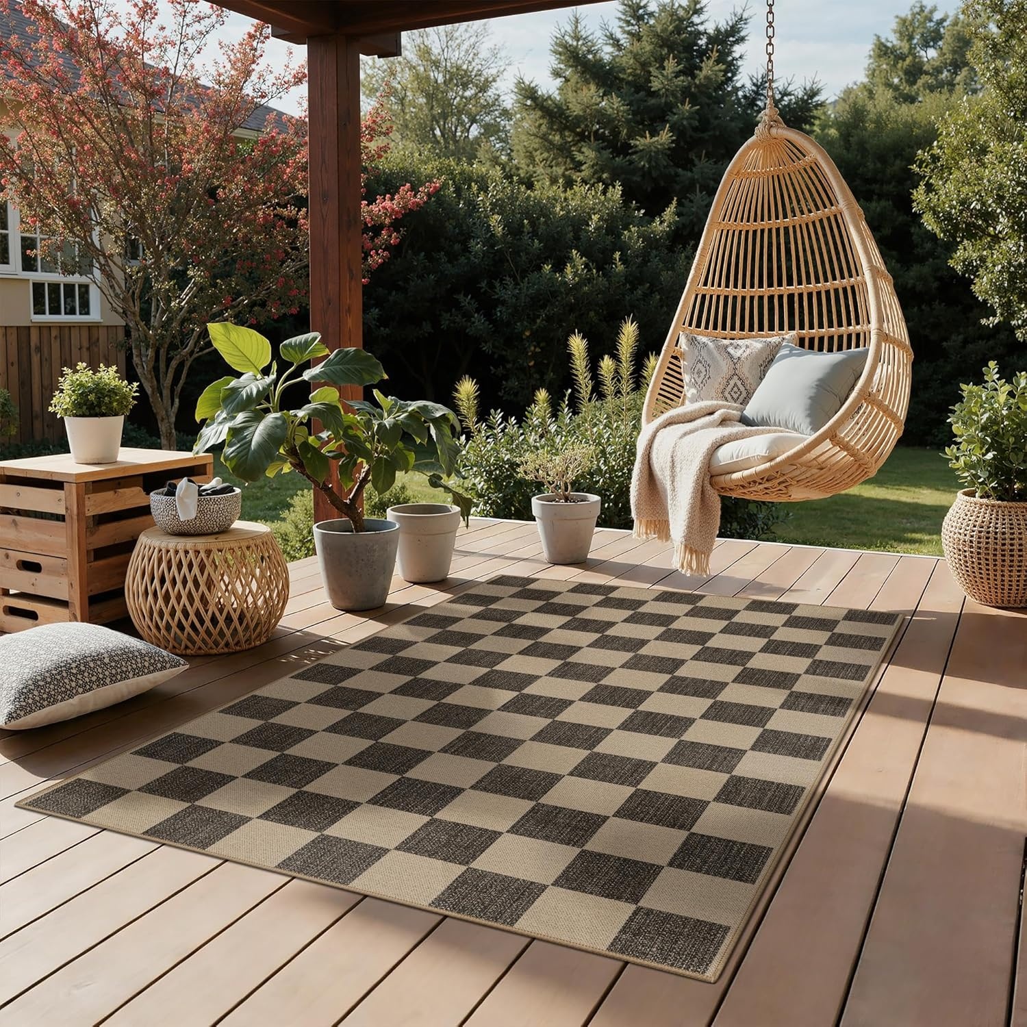 image:imageGENIMO Indoor Outdoor Area Rug 8x10 Checkered Easy Jute Rug Machine Washable EasyCleaning Non Slip Plaid Outdoor Carpet for Patio Living Room Backyard Porch Deck BalconyCheckerboard