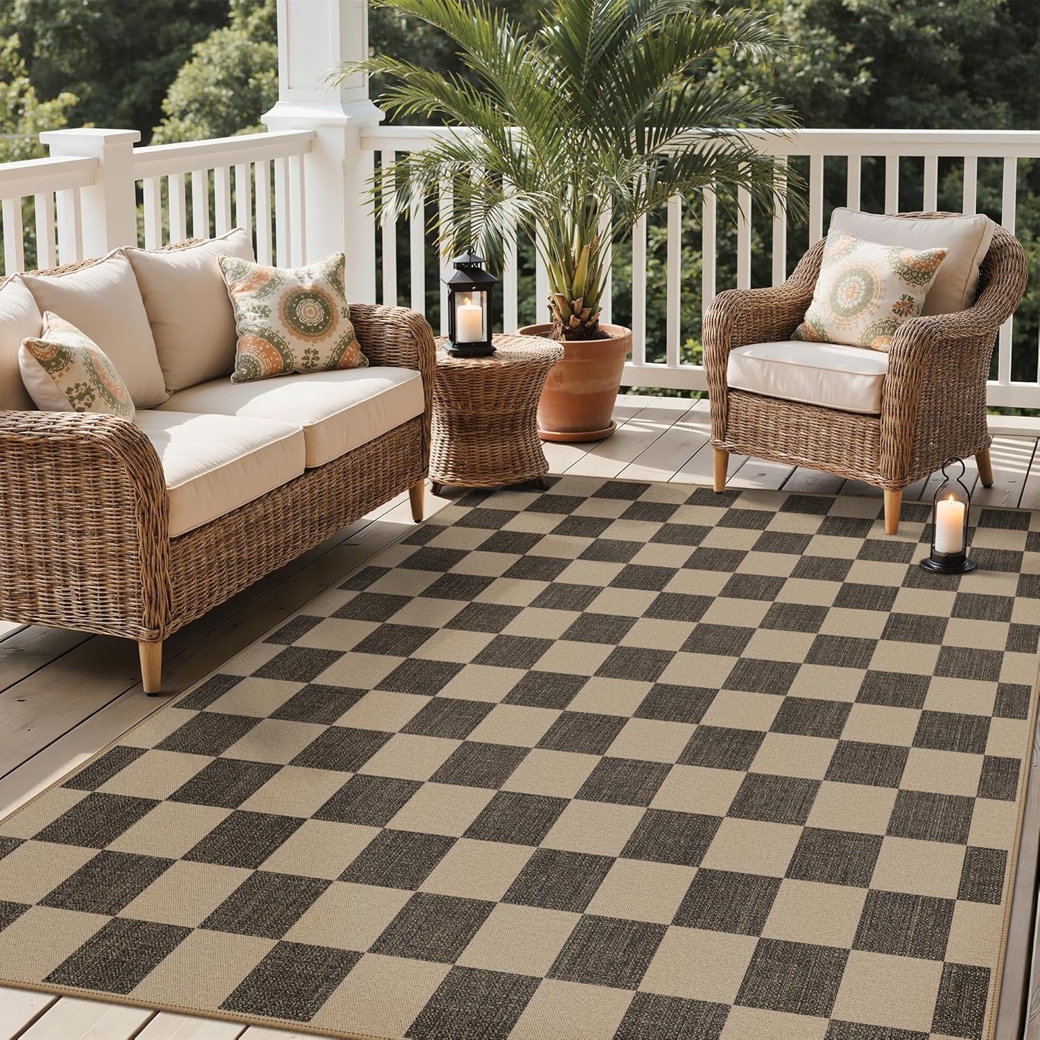 image:imageGENIMO Indoor Outdoor Area Rug 8x10 Checkered Easy Jute Rug Machine Washable EasyCleaning Non Slip Plaid Outdoor Carpet for Patio Living Room Backyard Porch Deck BalconyCheckerboard