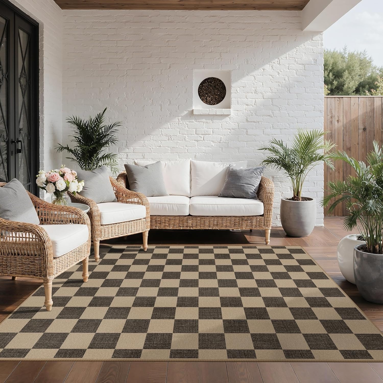 image:imageGENIMO Indoor Outdoor Area Rug 8x10 Checkered Easy Jute Rug Machine Washable EasyCleaning Non Slip Plaid Outdoor Carpet for Patio Living Room Backyard Porch Deck BalconyCheckerboard