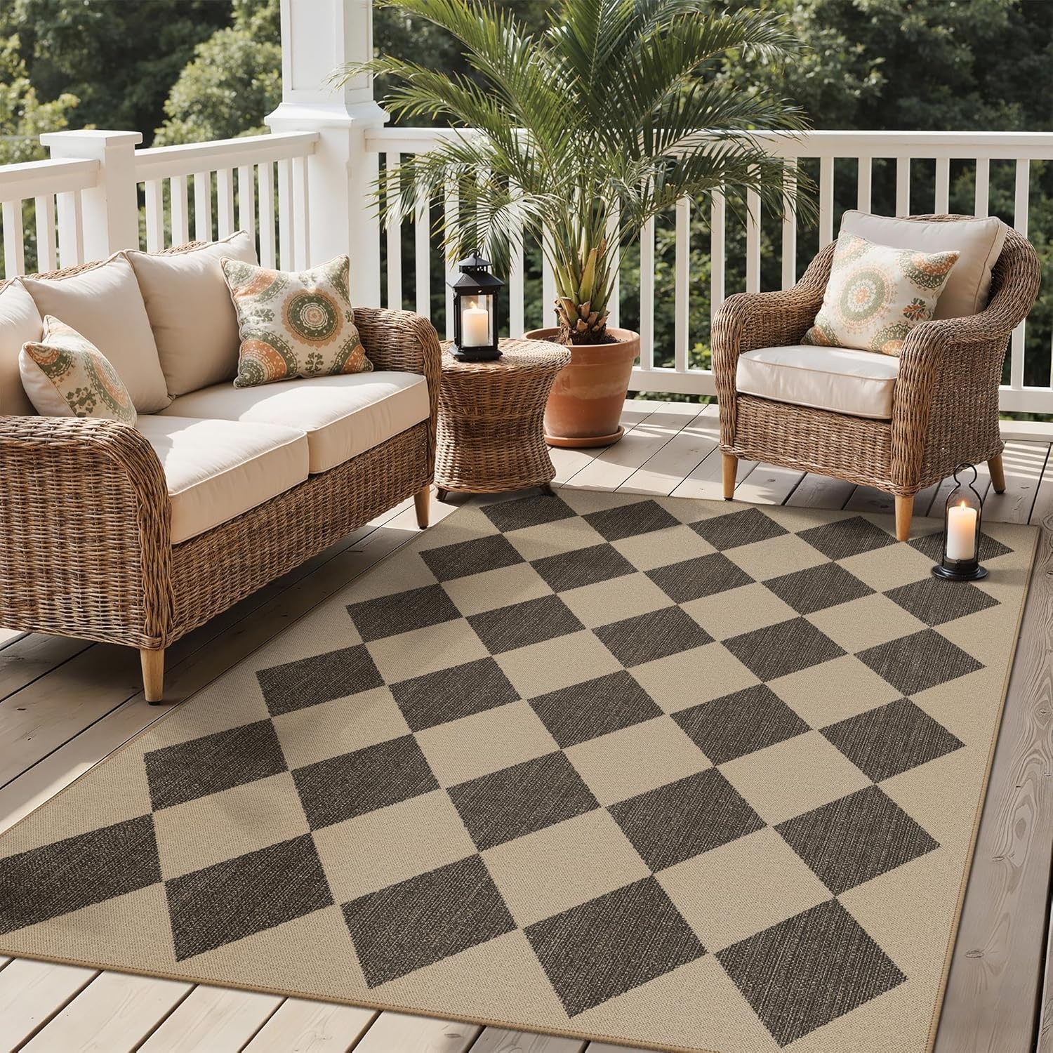 image:imageGENIMO Indoor Outdoor Area Rug 8x10 Checkered Easy Jute Rug Machine Washable EasyCleaning Non Slip Plaid Outdoor Carpet for Patio Living Room Backyard Porch Deck BalconySmooth Diamond