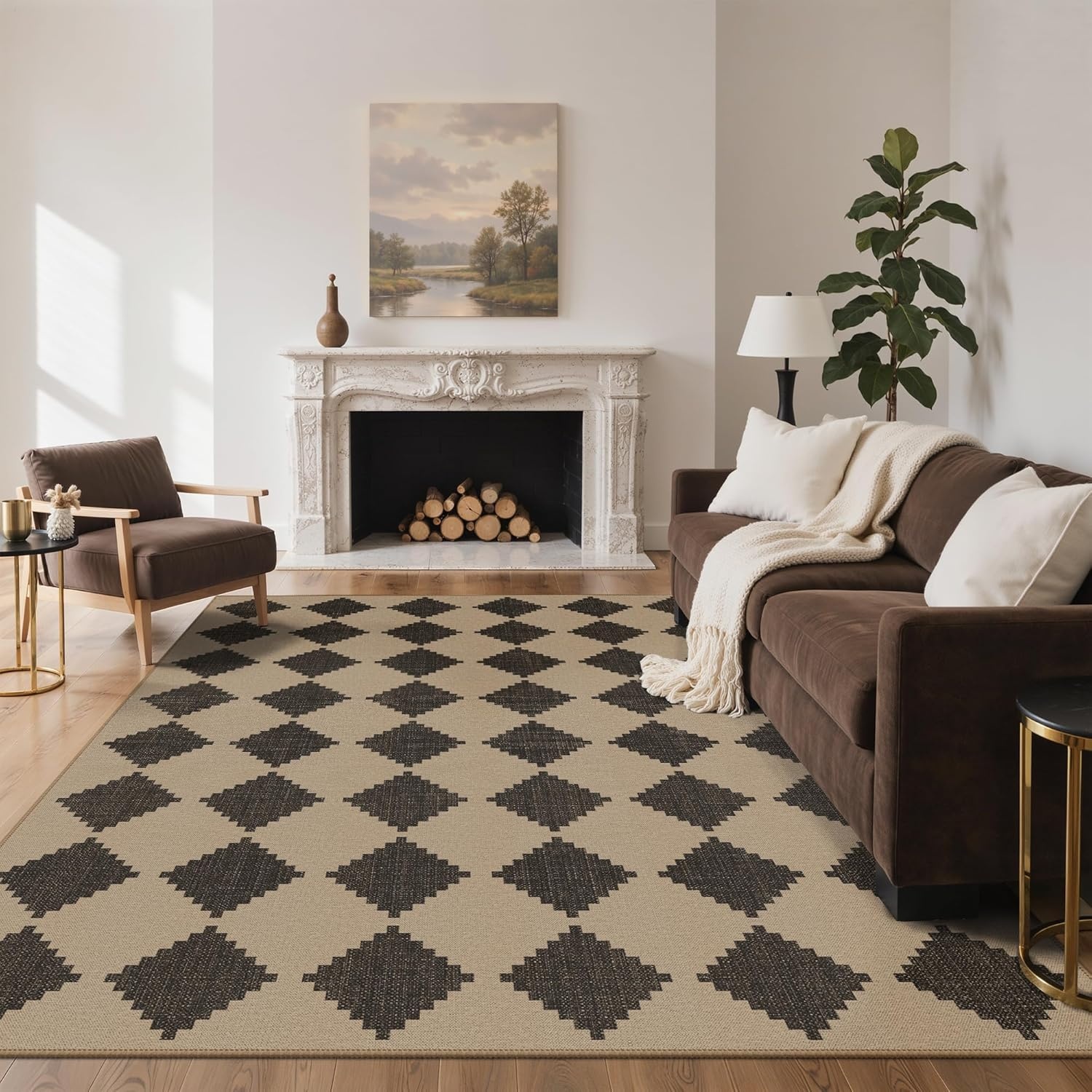 image:imageGENIMO Indoor Outdoor Area Rug 8x10 Checkered Easy Jute Rug Machine Washable EasyCleaning Non Slip Plaid Outdoor Carpet for Patio Living Room Backyard Porch Deck BalconyZigzag Diamond