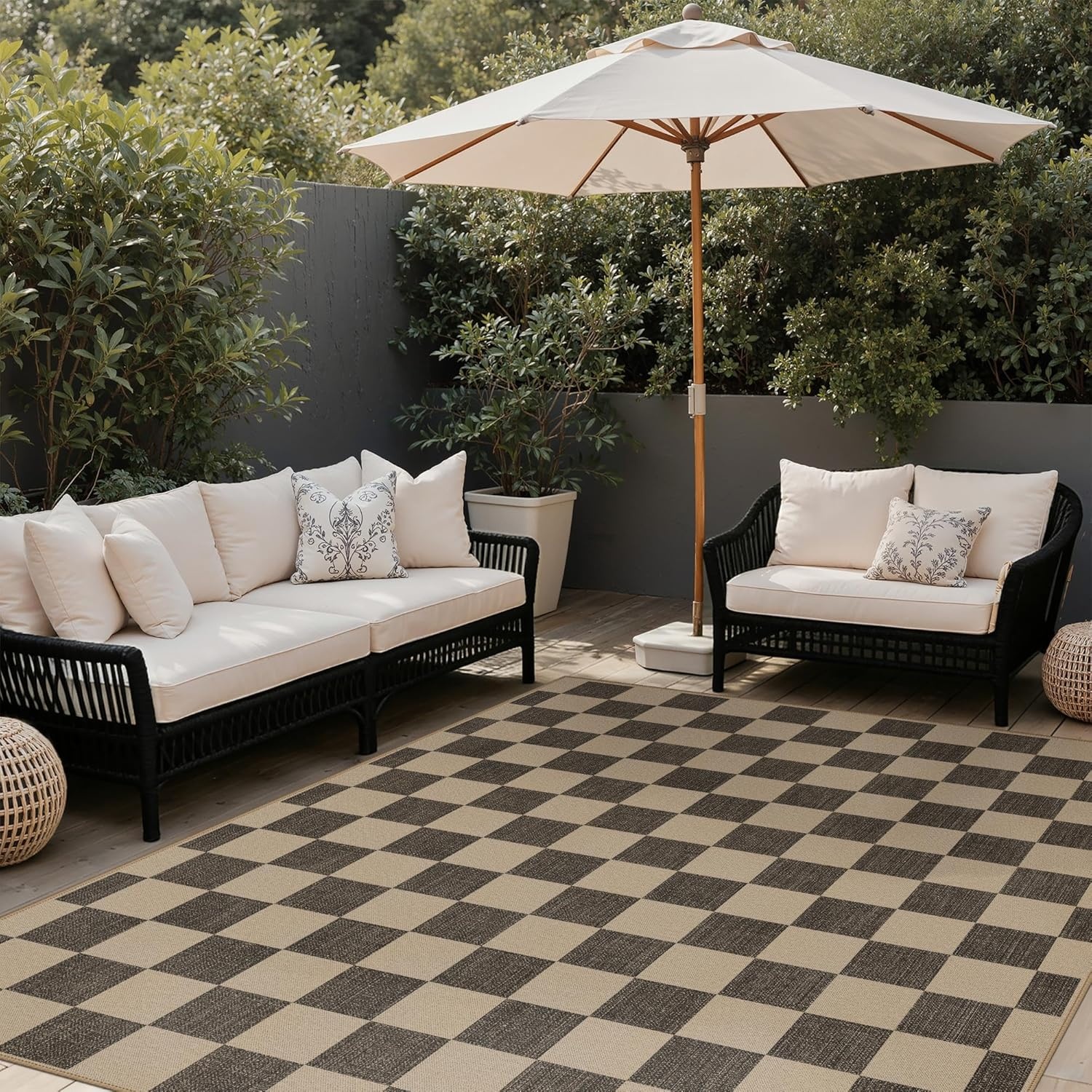 image:imageGENIMO Indoor Outdoor Area Rug 8x10 Checkered Easy Jute Rug Machine Washable EasyCleaning Non Slip Plaid Outdoor Carpet for Patio Living Room Backyard Porch Deck BalconyCheckerboard
