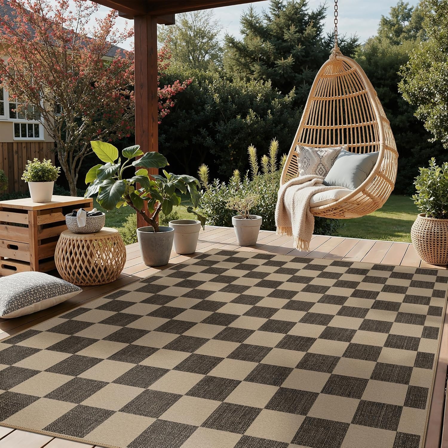 image:imageGENIMO Indoor Outdoor Area Rug 8x10 Checkered Easy Jute Rug Machine Washable EasyCleaning Non Slip Plaid Outdoor Carpet for Patio Living Room Backyard Porch Deck BalconyCheckerboard