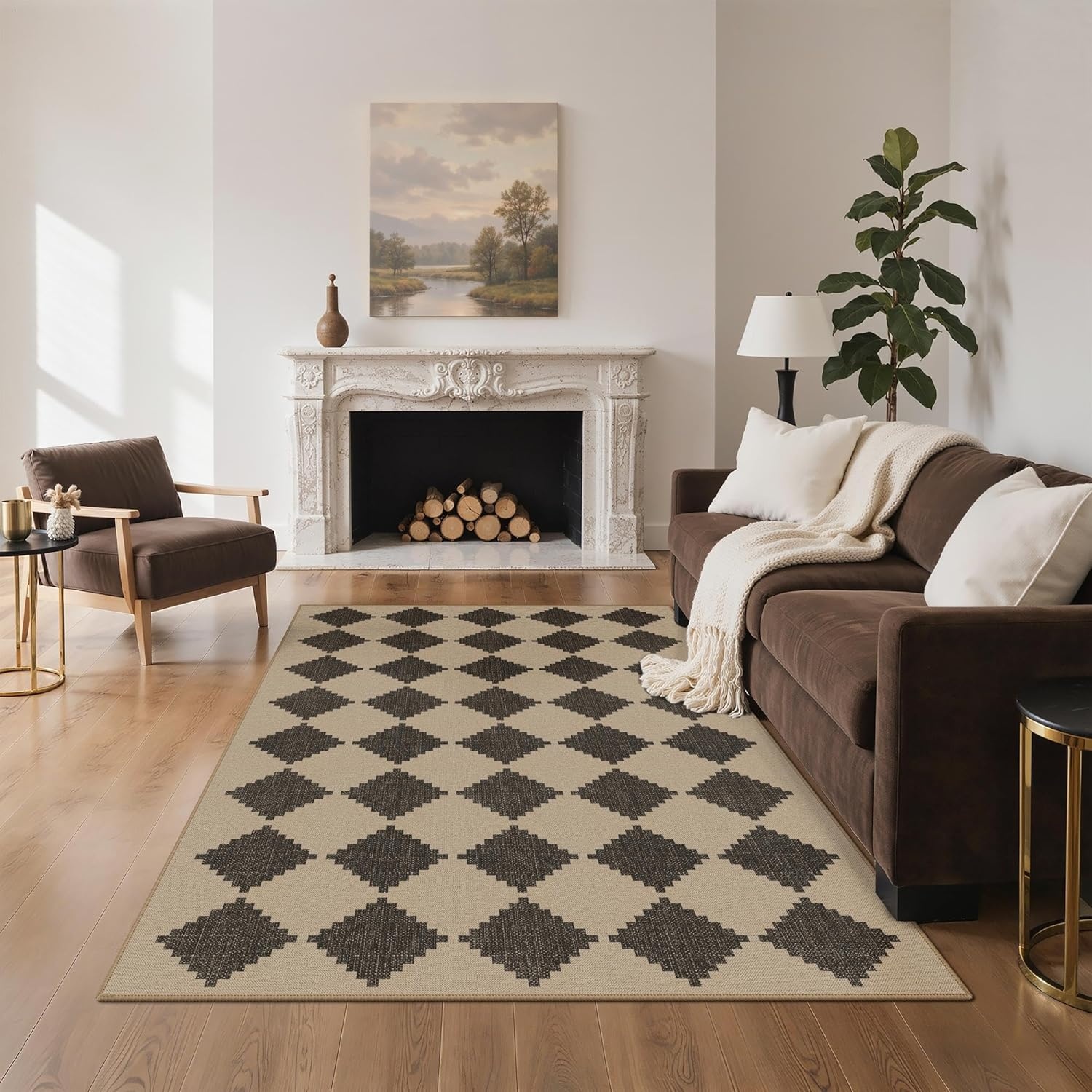 image:imageGENIMO Indoor Outdoor Area Rug 8x10 Checkered Easy Jute Rug Machine Washable EasyCleaning Non Slip Plaid Outdoor Carpet for Patio Living Room Backyard Porch Deck BalconyZigzag Diamond