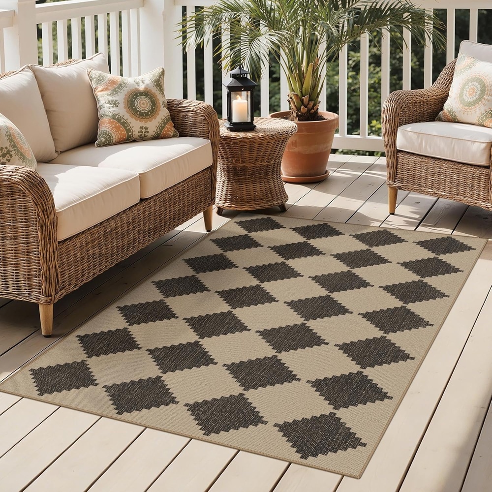 image:imageGENIMO Indoor Outdoor Area Rug 8x10 Checkered Easy Jute Rug Machine Washable EasyCleaning Non Slip Plaid Outdoor Carpet for Patio Living Room Backyard Porch Deck BalconySpaced Diamond