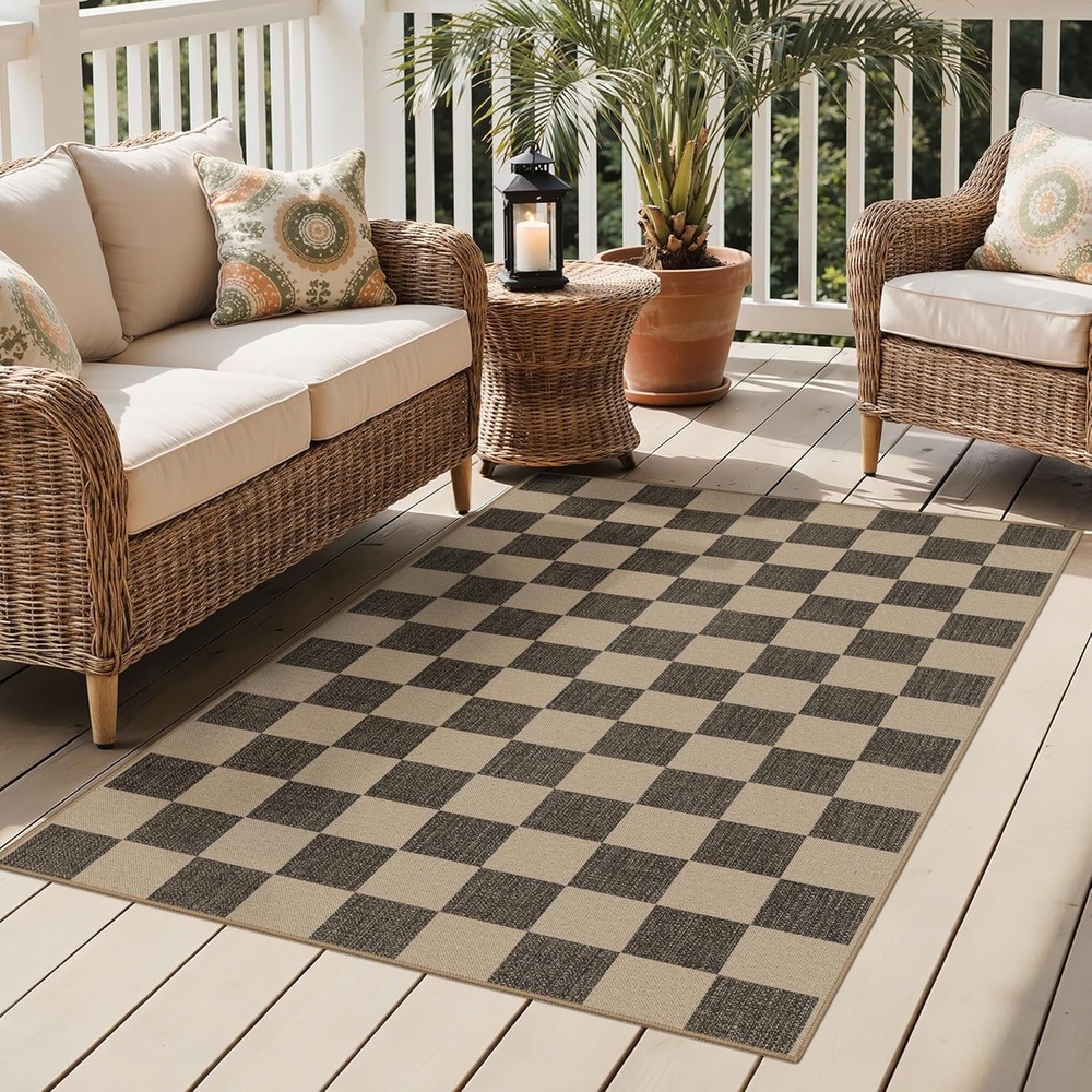 image:imageGENIMO Indoor Outdoor Area Rug 8x10 Checkered Easy Jute Rug Machine Washable EasyCleaning Non Slip Plaid Outdoor Carpet for Patio Living Room Backyard Porch Deck BalconyCheckerboard