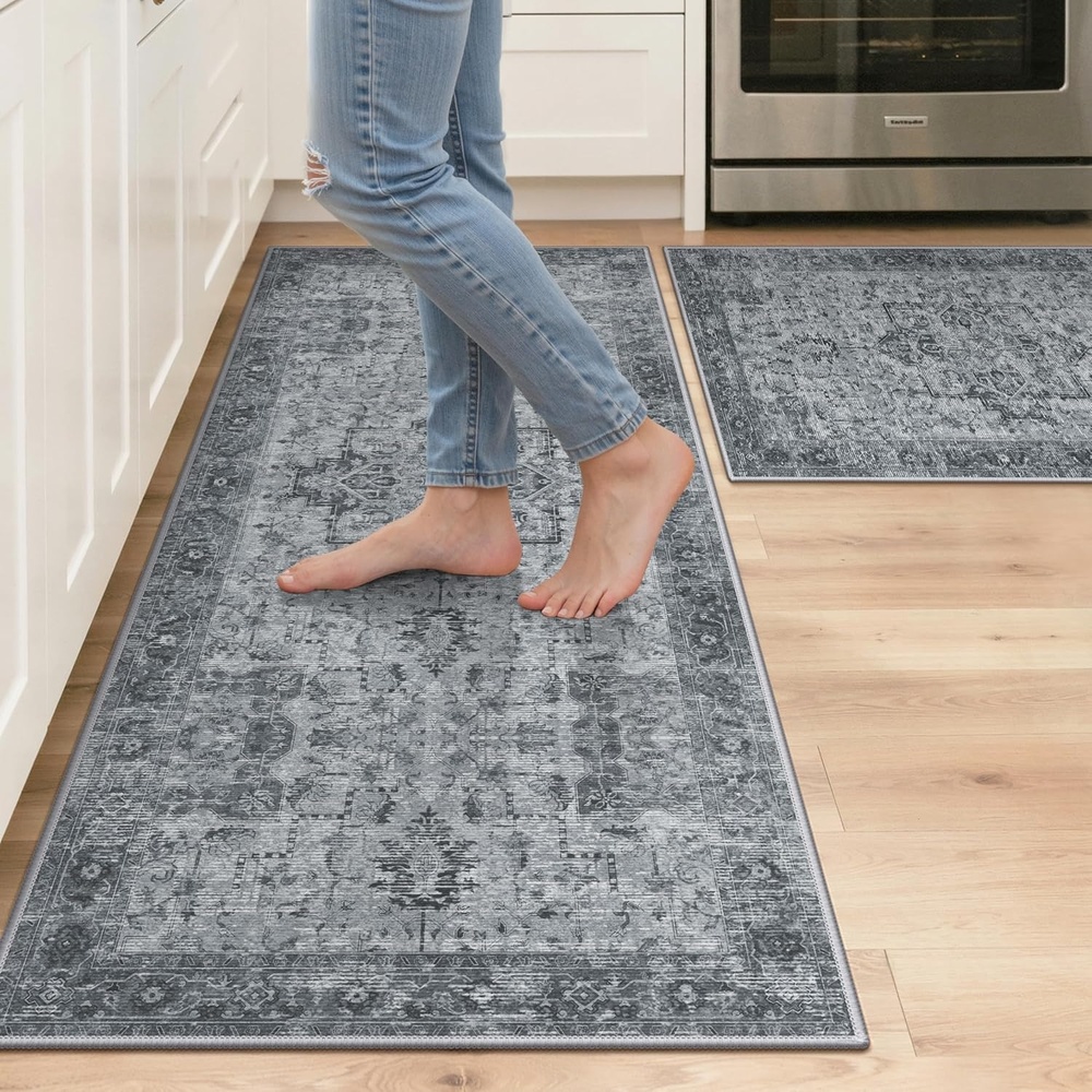 image:imageGENIMO Kitchen Rugs Non Slip Washable Kitchen Mats for Floor Cushioned Standing Mat Kitchen Runner Rug Floor Mat for Kitchen Decor Laundry Sink Entryway Home 24x36 BlueVintage Grey