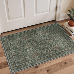 GENIMO Floral Washable Runner Rug 2’6”x8’, Non-Slip Long Hallway Carpet for Entryway, Kitchen, Indoor Floor Use, Vintage Boho Soft Thin Rug Décor, Beige/Navy(Charcoal Green-1)