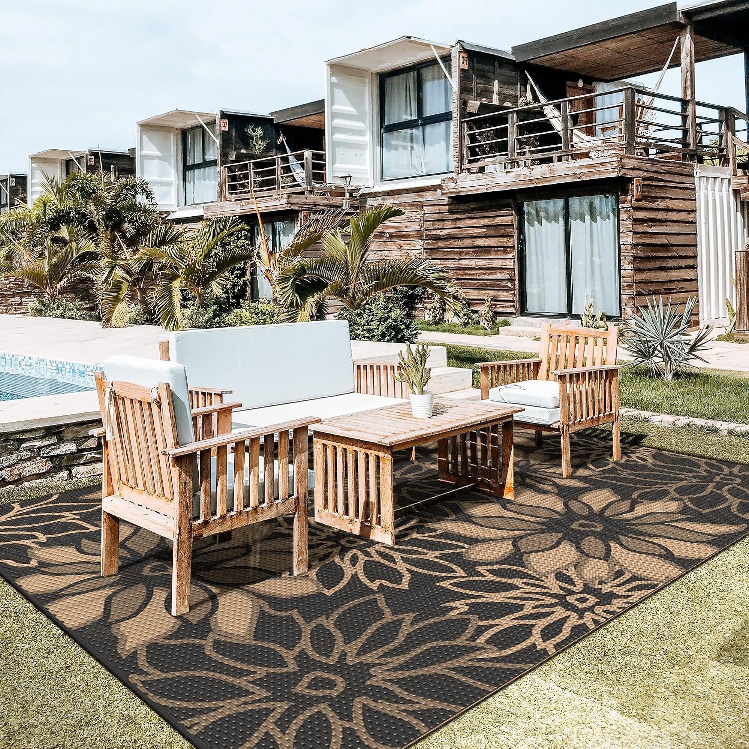 image:imageGENIMO Waterproof Outdoor Rug 5 x 8 for Patio Decor Reversible Plastic Straw Area Rugs for Camping Clearance RV Mat Large Outside Carpet for Porch Deck Picni Balcony Garden Black amp BrownNatural Black Brown