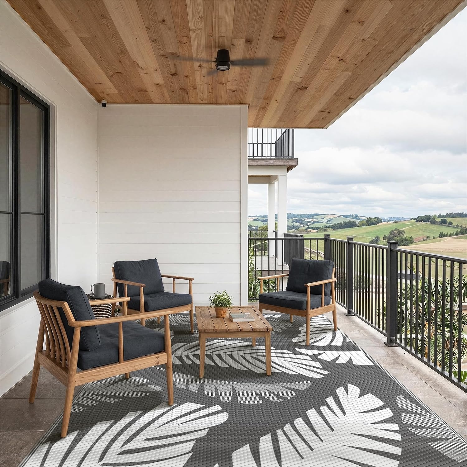 image:imageGENIMO Waterproof Outdoor Rug 5 x 8 for Patio Decor Reversible Plastic Straw Area Rugs for Camping Clearance RV Mat Large Outside Carpet for Porch Deck Picni Balcony Garden Black amp BrownLight Grey Light White