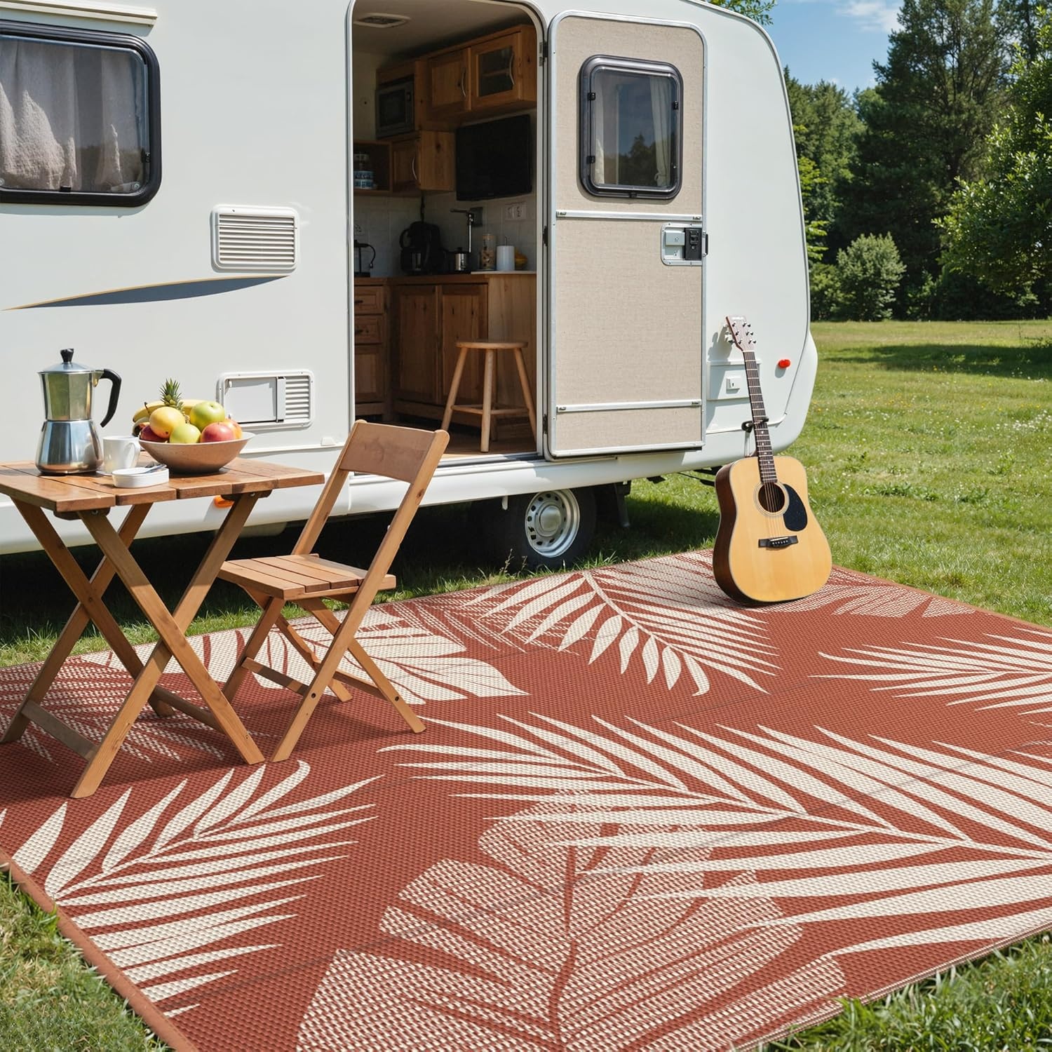 image:imageGENIMO Waterproof Outdoor Rug 5 x 8 for Patio Decor Reversible Plastic Straw Area Rugs for Camping Clearance RV Mat Large Outside Carpet for Porch Deck Picni Balcony Garden Black amp BrownBrick Red