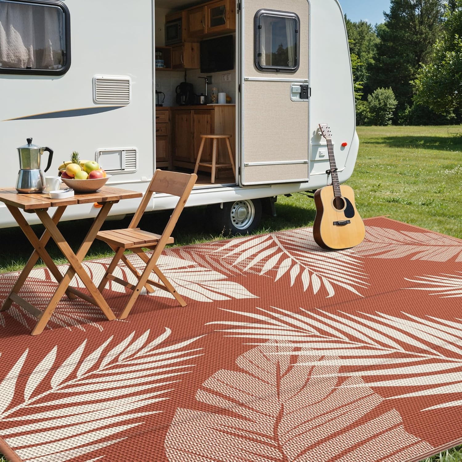 image:imageGENIMO Waterproof Outdoor Rug 5 x 8 for Patio Decor Reversible Plastic Straw Area Rugs for Camping Clearance RV Mat Large Outside Carpet for Porch Deck Picni Balcony Garden Black amp BrownBrick Red