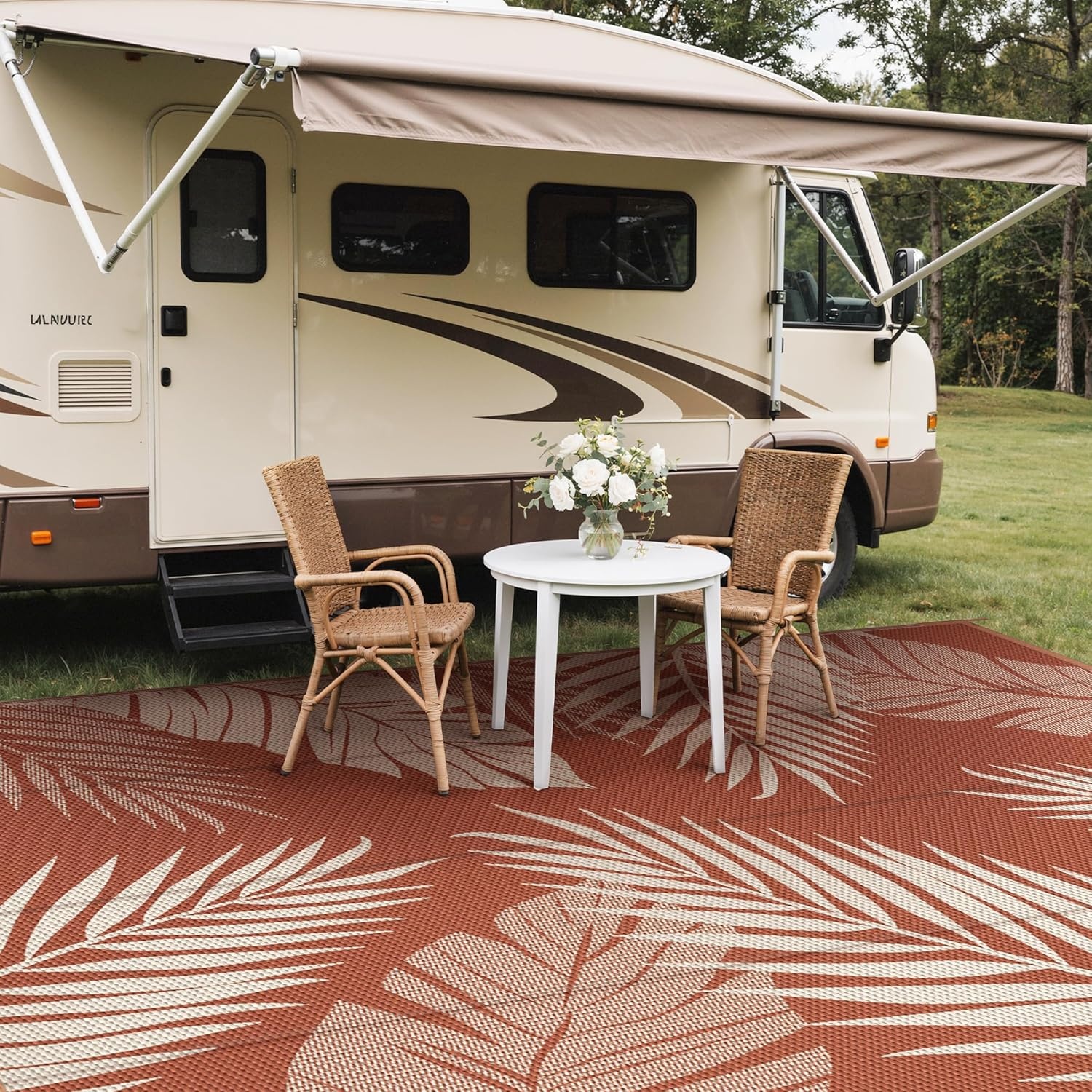 image:imageGENIMO Waterproof Outdoor Rug 5 x 8 for Patio Decor Reversible Plastic Straw Area Rugs for Camping Clearance RV Mat Large Outside Carpet for Porch Deck Picni Balcony Garden Black amp BrownBrick Red