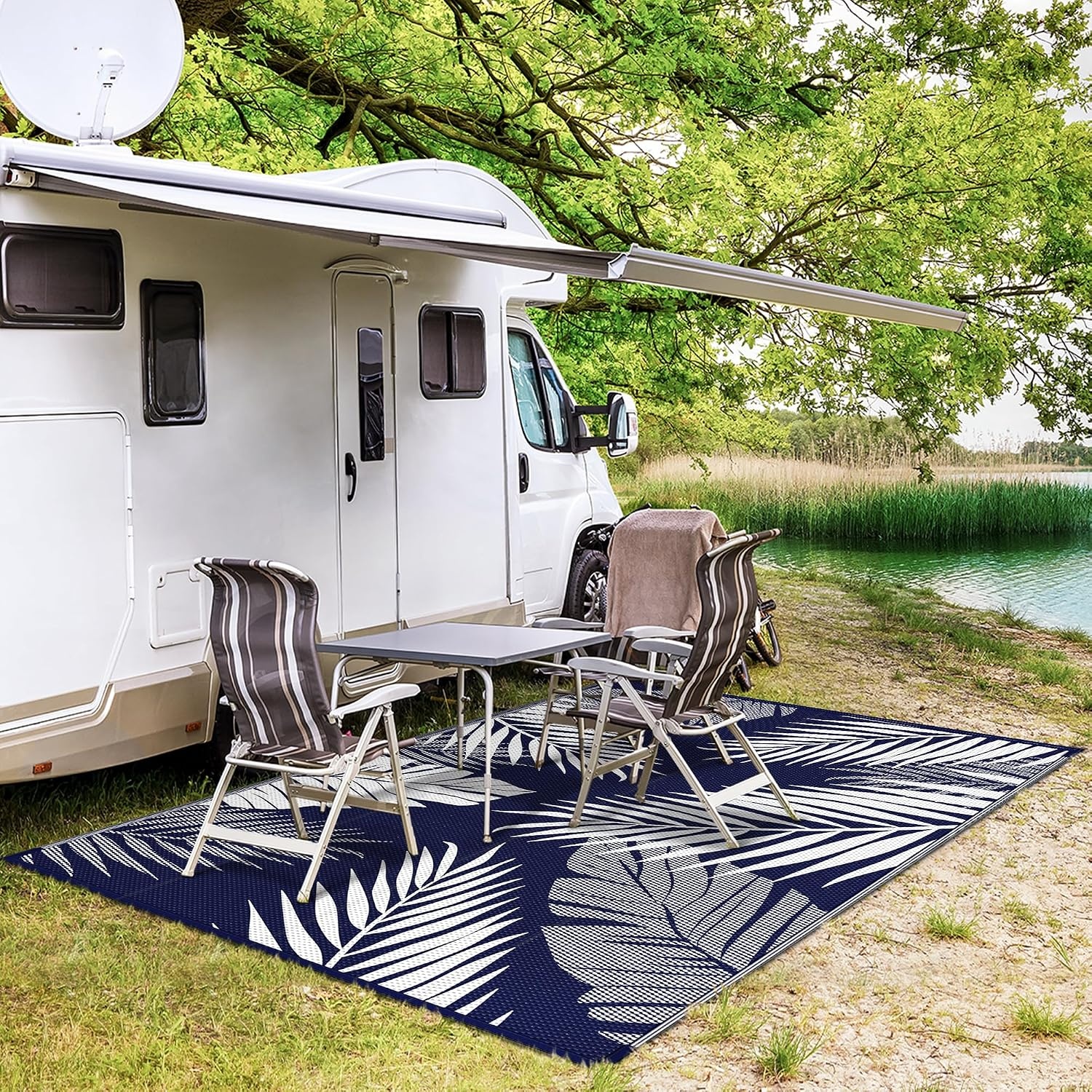 image:imageGENIMO Waterproof Outdoor Rug 5 x 8 for Patio Decor Reversible Plastic Straw Area Rugs for Camping Clearance RV Mat Large Outside Carpet for Porch Deck Picni Balcony Garden Black amp BrownNavy Blue White Waterproof