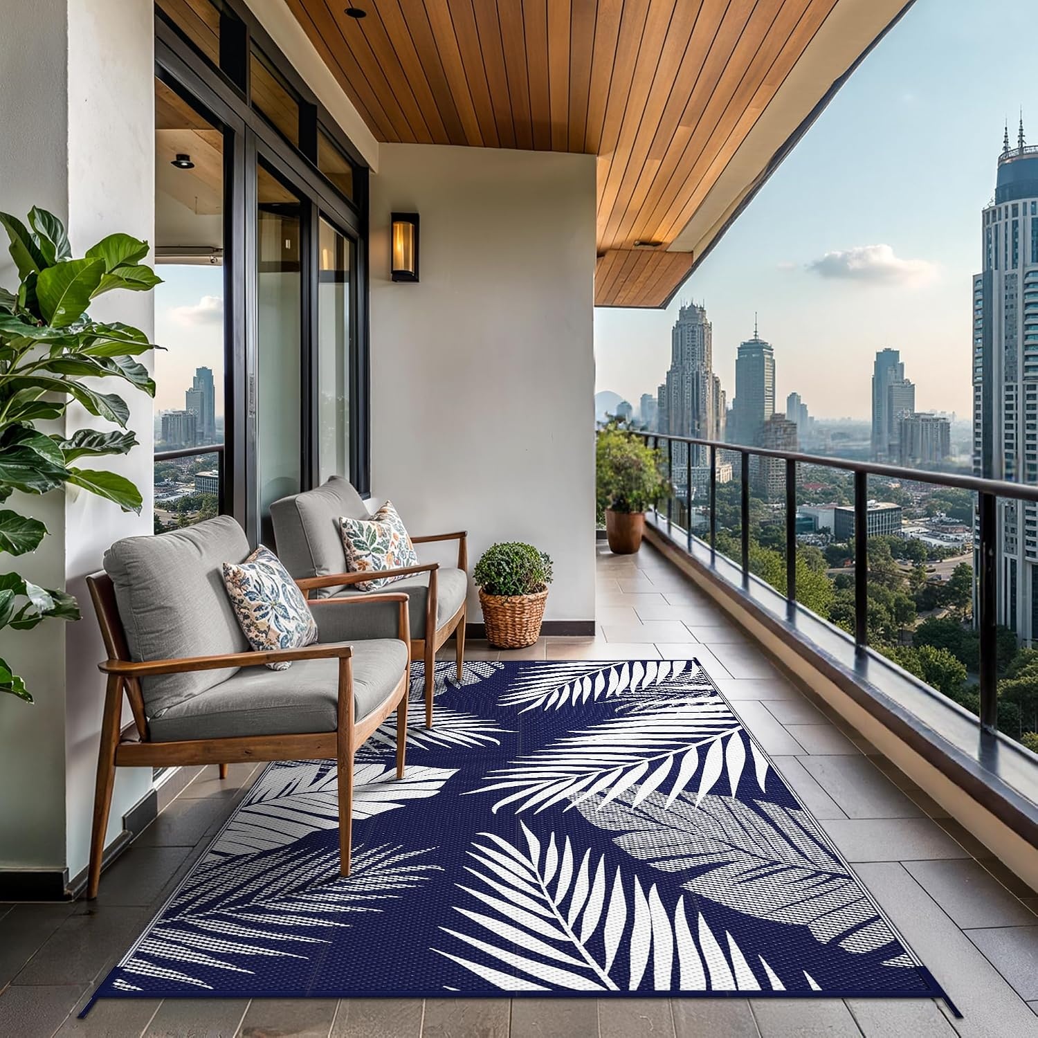 image:imageGENIMO Waterproof Outdoor Rug 5 x 8 for Patio Decor Reversible Plastic Straw Area Rugs for Camping Clearance RV Mat Large Outside Carpet for Porch Deck Picni Balcony Garden Black amp BrownNavyblue White