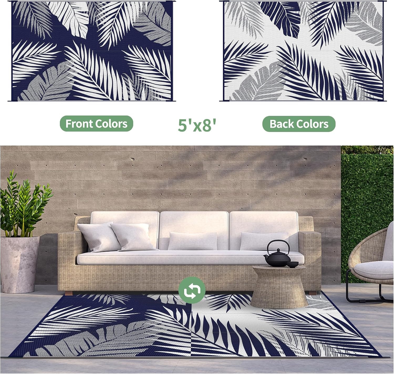 image:imageGENIMO Waterproof Outdoor Rug 5 x 8 for Patio Decor Reversible Plastic Straw Area Rugs for Camping Clearance RV Mat Large Outside Carpet for Porch Deck Picni Balcony Garden Black amp BrownNavy Blue White Waterproof