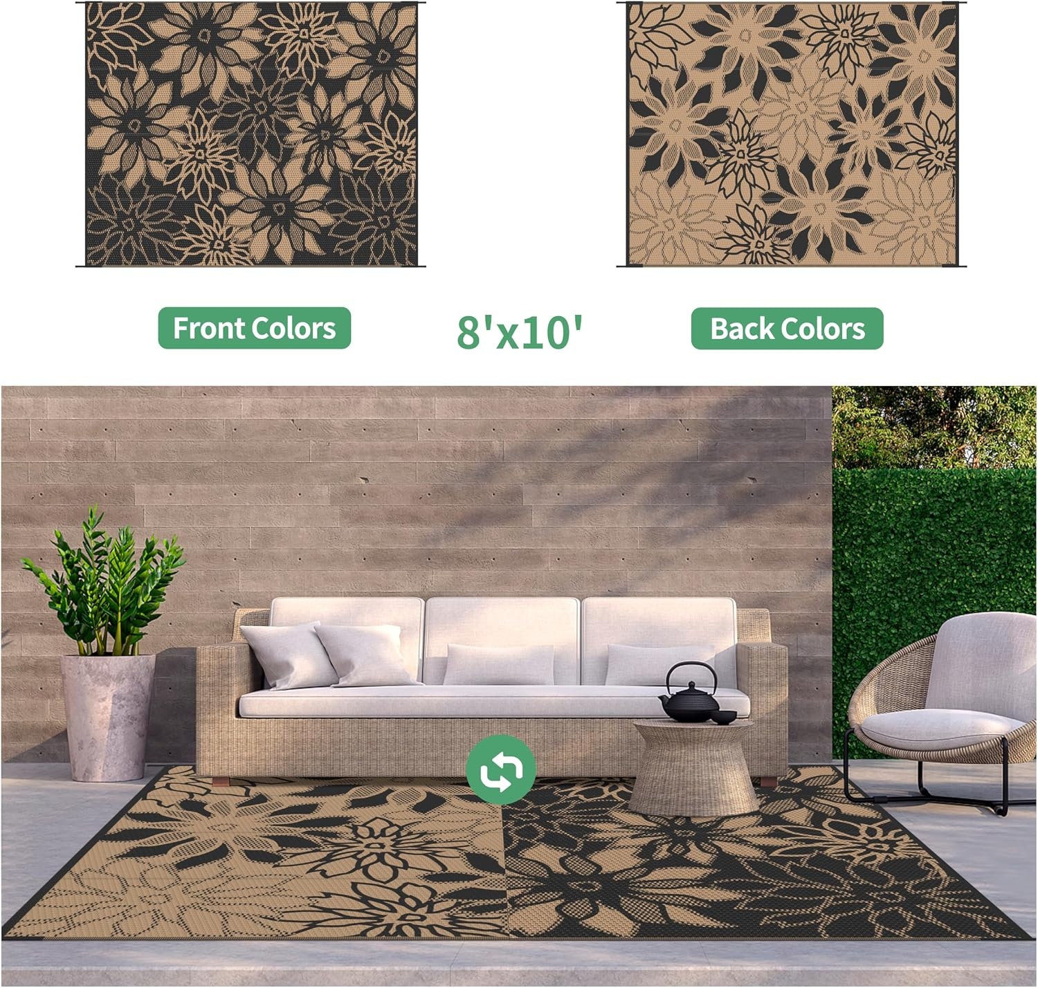 image:imageGENIMO Waterproof Outdoor Rug 5 x 8 for Patio Decor Reversible Plastic Straw Area Rugs for Camping Clearance RV Mat Large Outside Carpet for Porch Deck Picni Balcony Garden Black amp BrownNatural Black Brown