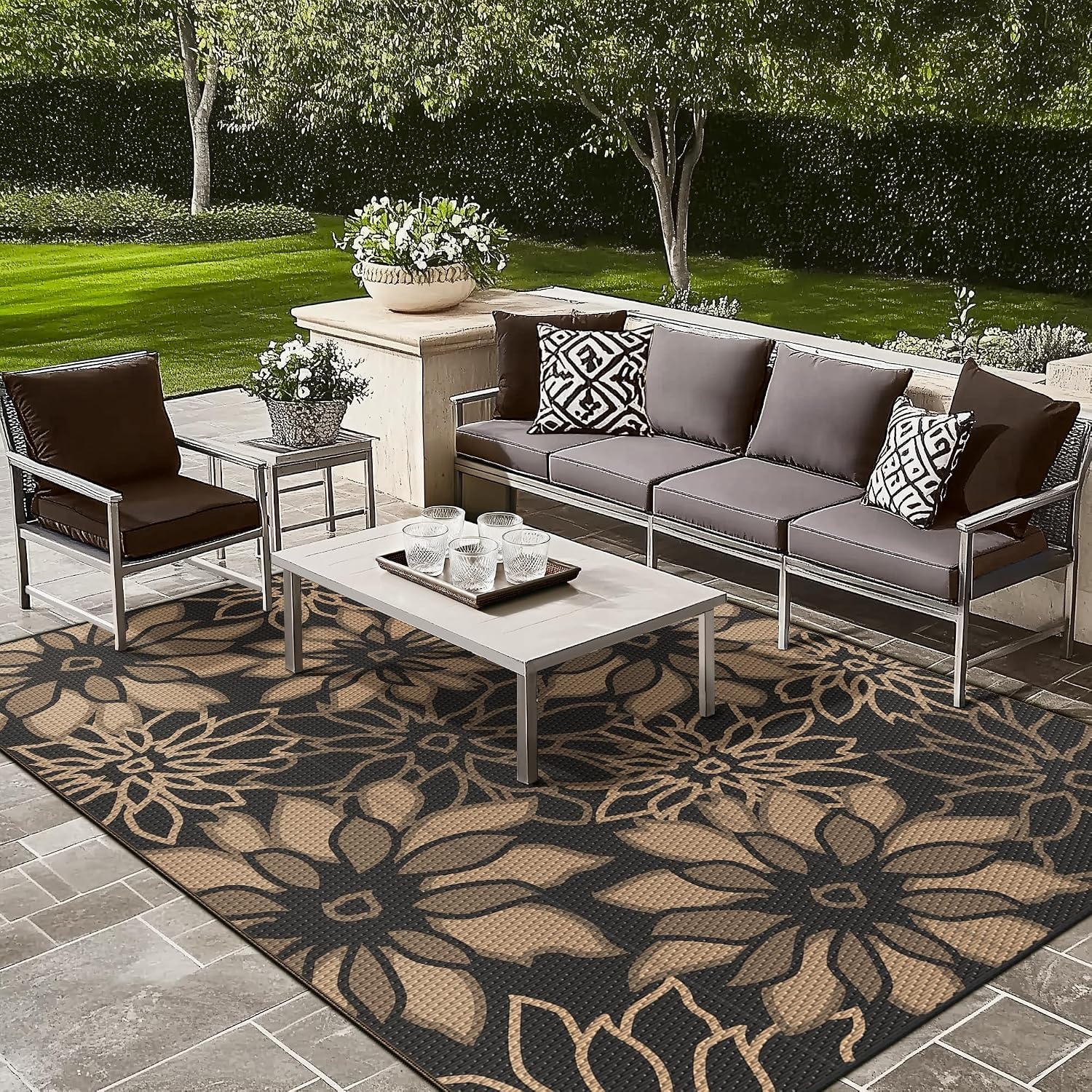 image:imageGENIMO Waterproof Outdoor Rug 5 x 8 for Patio Decor Reversible Plastic Straw Area Rugs for Camping Clearance RV Mat Large Outside Carpet for Porch Deck Picni Balcony Garden Black amp BrownNatural Black Brown
