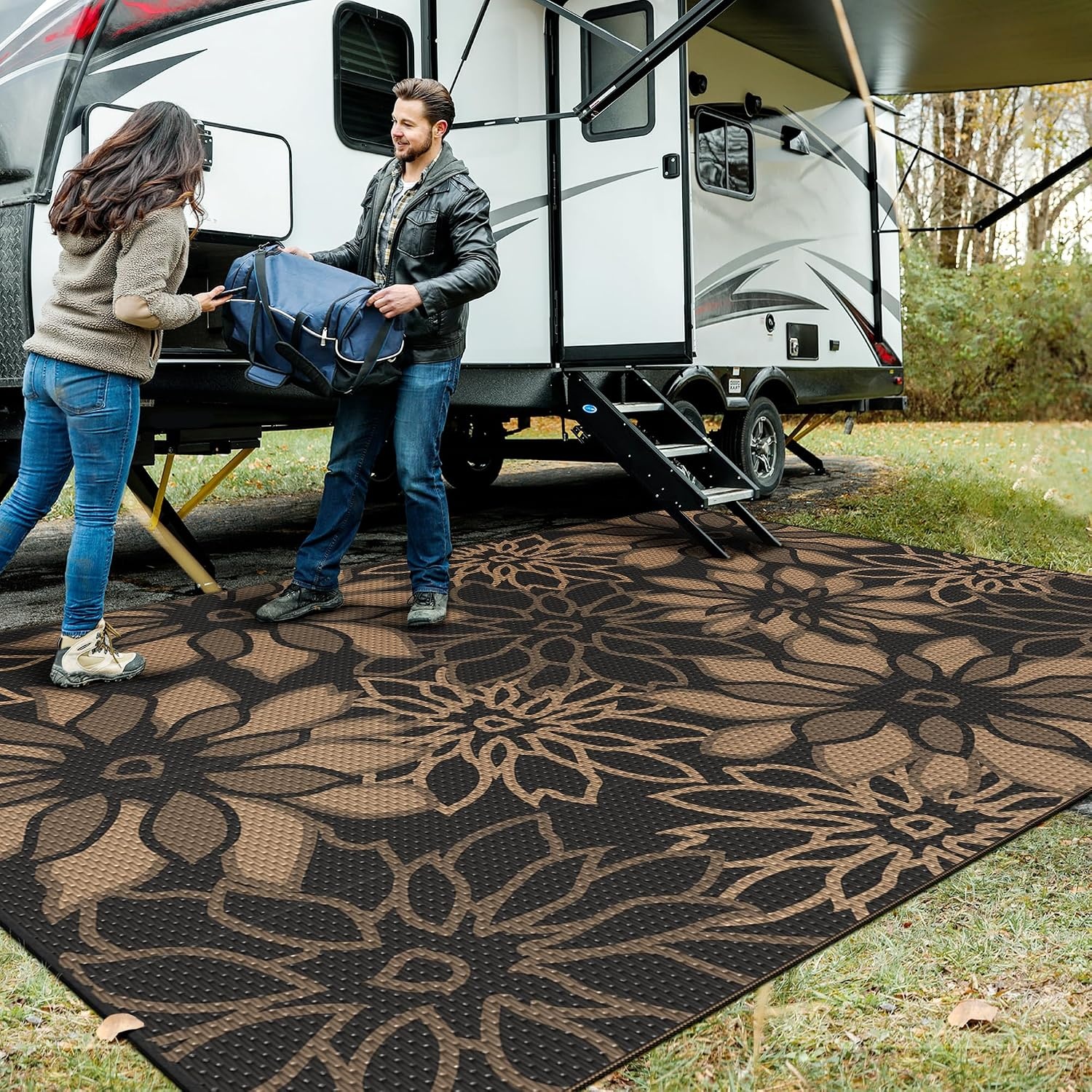image:imageGENIMO Waterproof Outdoor Rug 5 x 8 for Patio Decor Reversible Plastic Straw Area Rugs for Camping Clearance RV Mat Large Outside Carpet for Porch Deck Picni Balcony Garden Black amp BrownNatural Black Brown