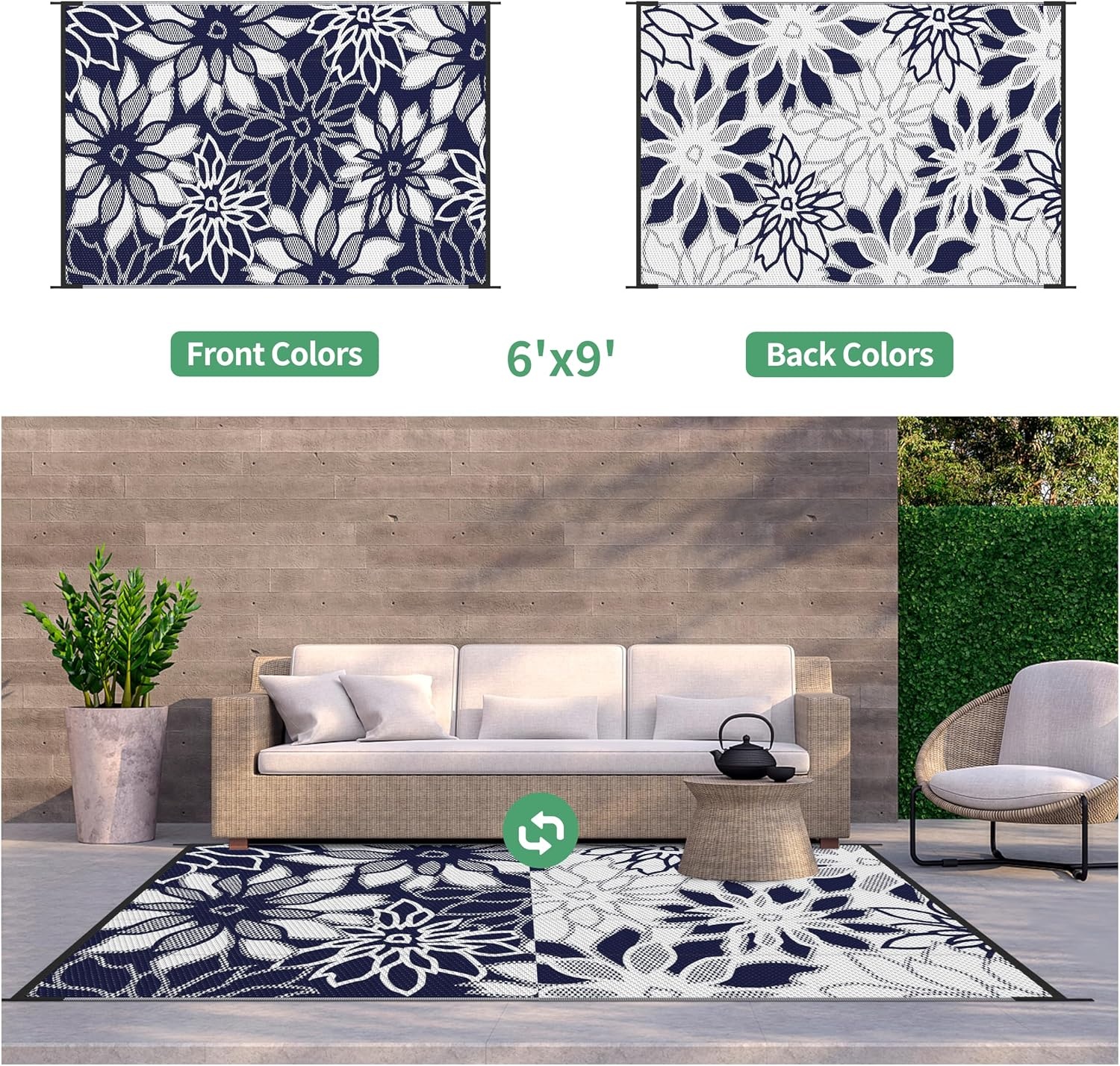 image:imageGENIMO Waterproof Outdoor Rug 5 x 8 for Patio Decor Reversible Plastic Straw Area Rugs for Camping Clearance RV Mat Large Outside Carpet for Porch Deck Picni Balcony Garden Black amp BrownNatural Blue White