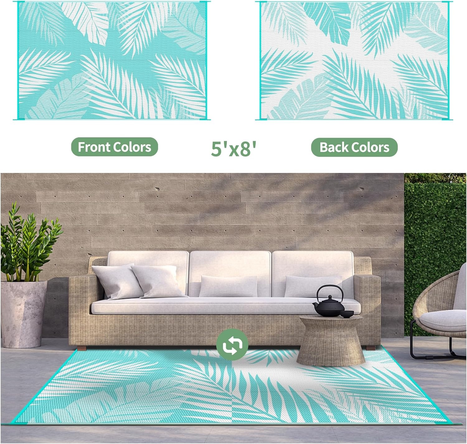 image:imageGENIMO Waterproof Outdoor Rug 5 x 8 for Patio Decor Reversible Plastic Straw Area Rugs for Camping Clearance RV Mat Large Outside Carpet for Porch Deck Picni Balcony Garden Black amp BrownAquablue White