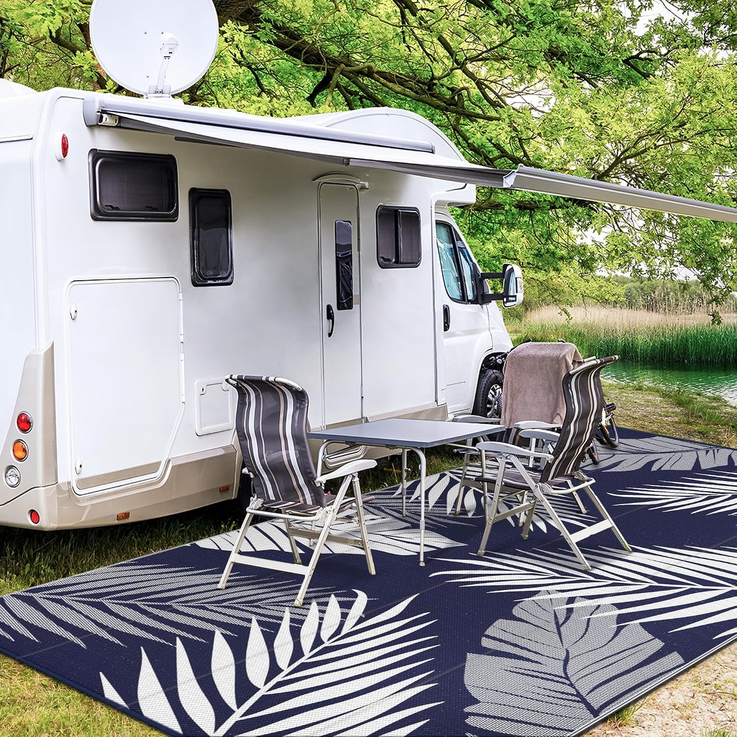 image:imageGENIMO Waterproof Outdoor Rug 5 x 8 for Patio Decor Reversible Plastic Straw Area Rugs for Camping Clearance RV Mat Large Outside Carpet for Porch Deck Picni Balcony Garden Black amp BrownNavy Blue White
