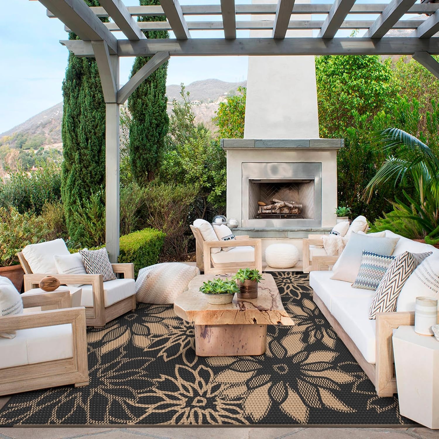 image:imageGENIMO Waterproof Outdoor Rug 5 x 8 for Patio Decor Reversible Plastic Straw Area Rugs for Camping Clearance RV Mat Large Outside Carpet for Porch Deck Picni Balcony Garden Black amp BrownNatural Black Brown