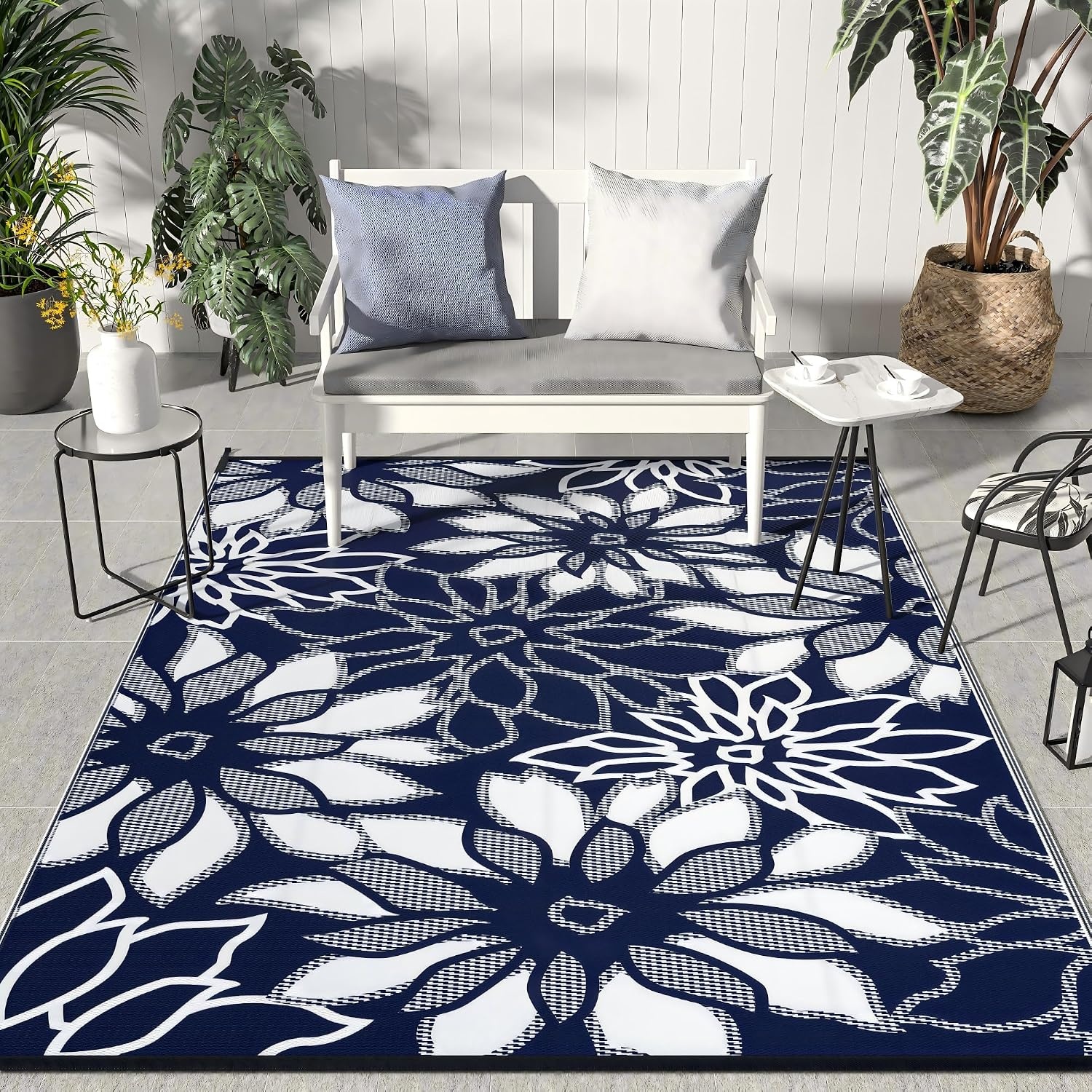 image:imageGENIMO Waterproof Outdoor Rug 5 x 8 for Patio Decor Reversible Plastic Straw Area Rugs for Camping Clearance RV Mat Large Outside Carpet for Porch Deck Picni Balcony Garden Black amp BrownNatural Blue White