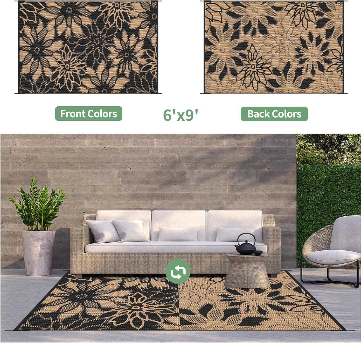 image:imageGENIMO Waterproof Outdoor Rug 5 x 8 for Patio Decor Reversible Plastic Straw Area Rugs for Camping Clearance RV Mat Large Outside Carpet for Porch Deck Picni Balcony Garden Black amp BrownNatural Black Brown