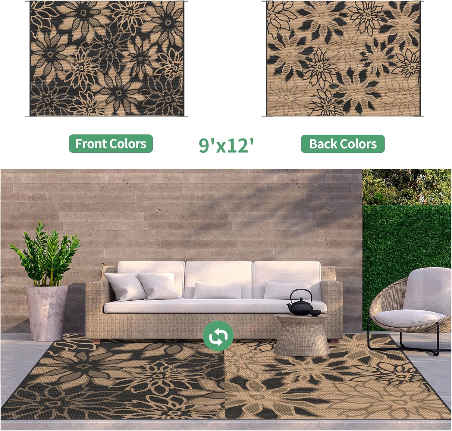 image:imageGENIMO Waterproof Outdoor Rug 5 x 8 for Patio Decor Reversible Plastic Straw Area Rugs for Camping Clearance RV Mat Large Outside Carpet for Porch Deck Picni Balcony Garden Black amp BrownNatural Black Brown