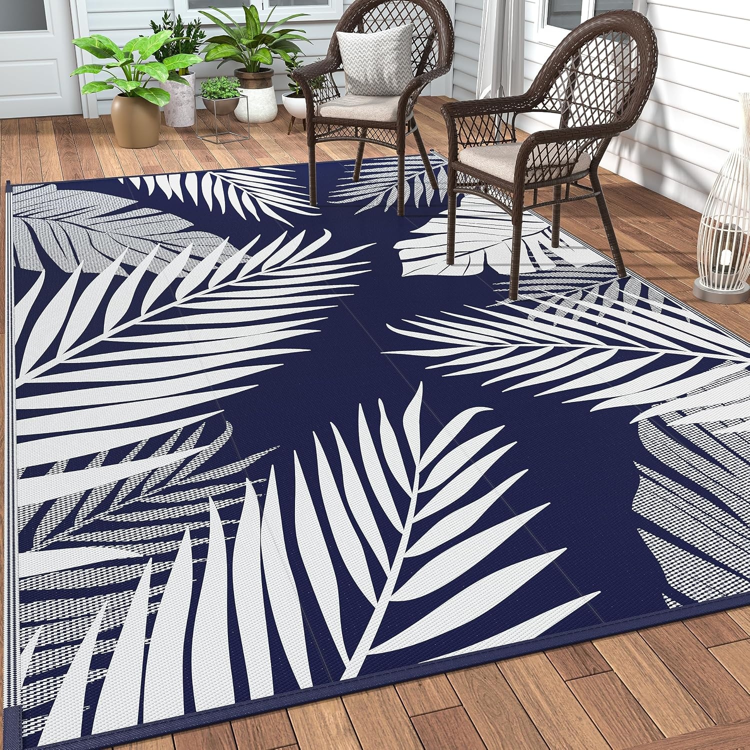 image:imageGENIMO Waterproof Outdoor Rug 5 x 8 for Patio Decor Reversible Plastic Straw Area Rugs for Camping Clearance RV Mat Large Outside Carpet for Porch Deck Picni Balcony Garden Black amp BrownNavy Blue White Waterproof