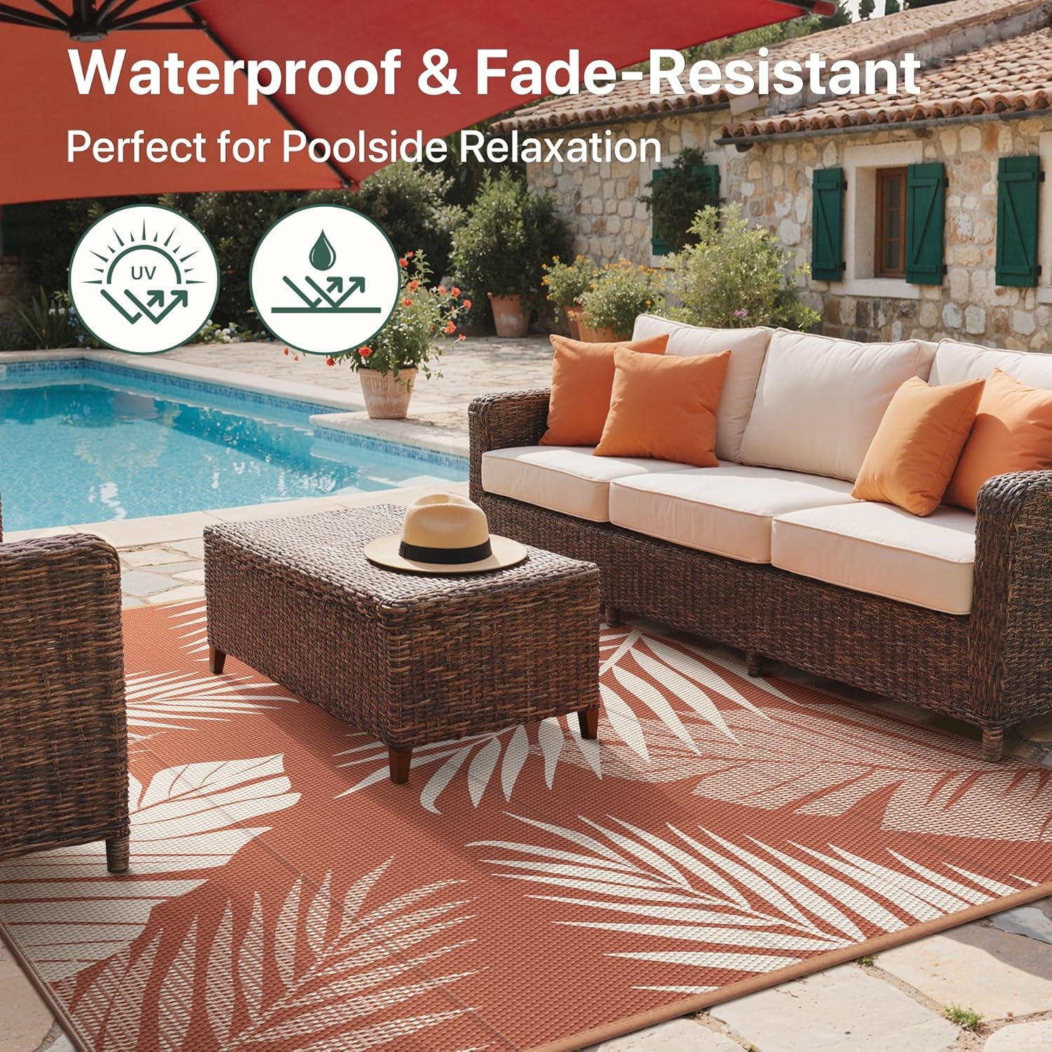 image:imageGENIMO Waterproof Outdoor Rug 5 x 8 for Patio Decor Reversible Plastic Straw Area Rugs for Camping Clearance RV Mat Large Outside Carpet for Porch Deck Picni Balcony Garden Black amp BrownBrick Red