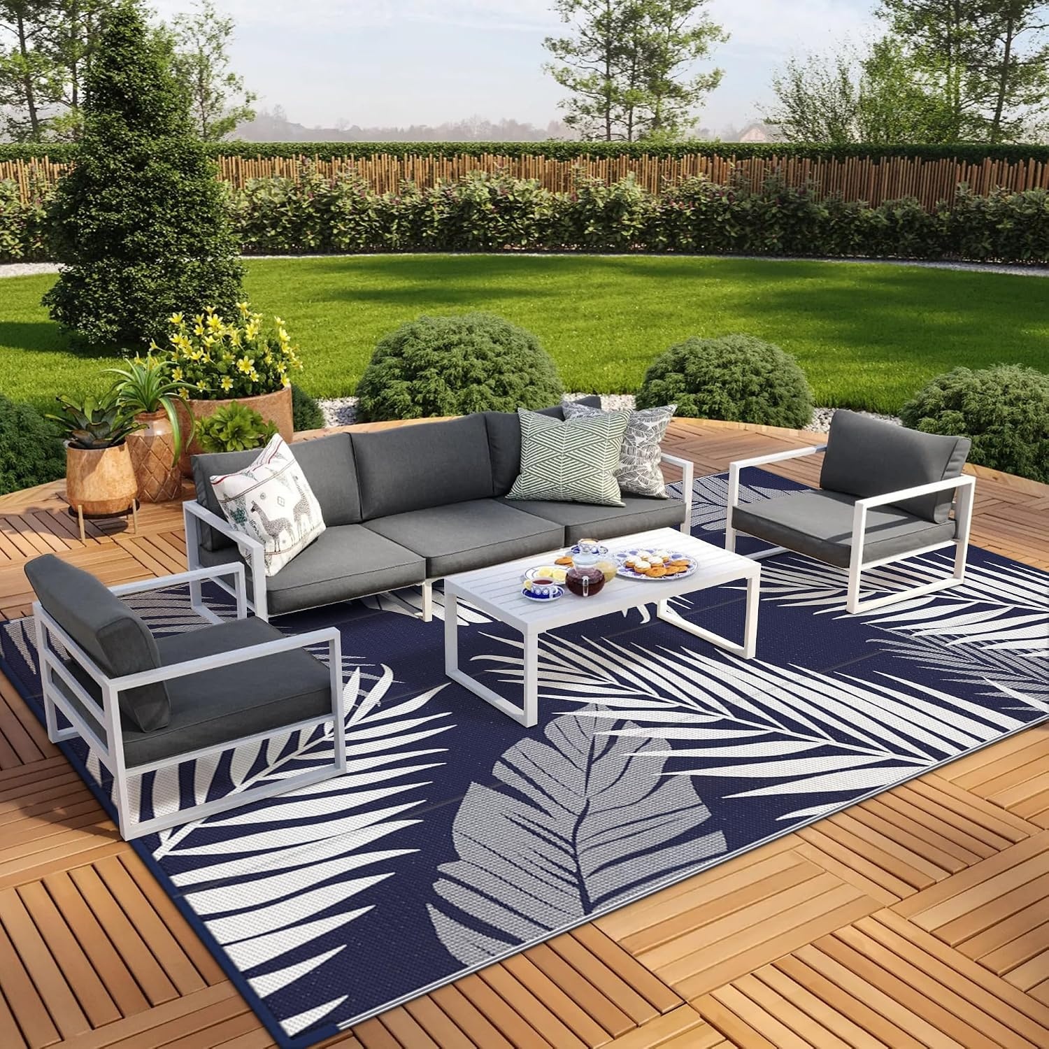 image:imageGENIMO Waterproof Outdoor Rug 5 x 8 for Patio Decor Reversible Plastic Straw Area Rugs for Camping Clearance RV Mat Large Outside Carpet for Porch Deck Picni Balcony Garden Black amp BrownNavyblue White